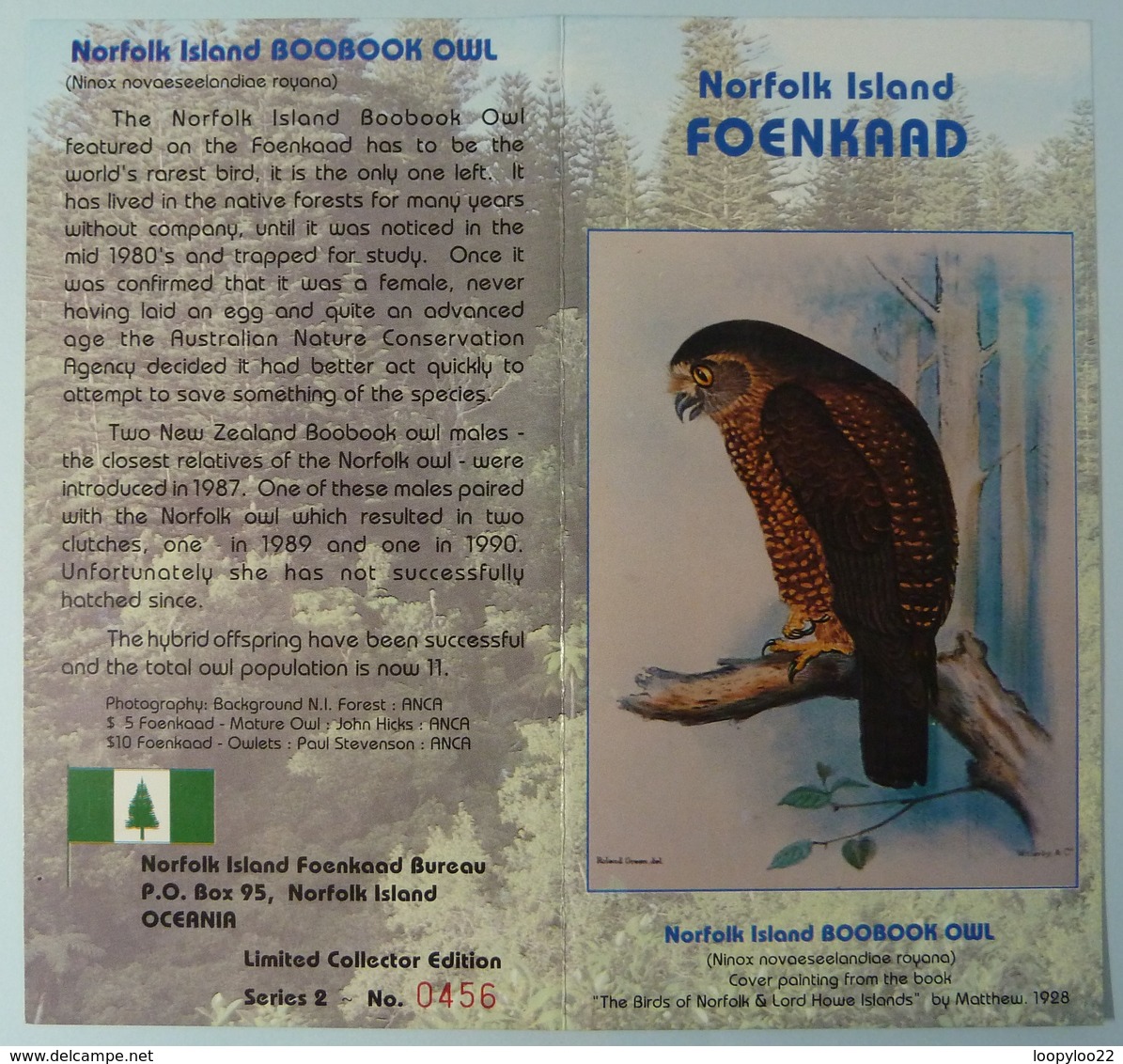 NORFOLK ISLAND - Boobook Owl - Set Of 2 - $5 & $10 - Limited Edition Collector Folder - Mint - Norfolk Island