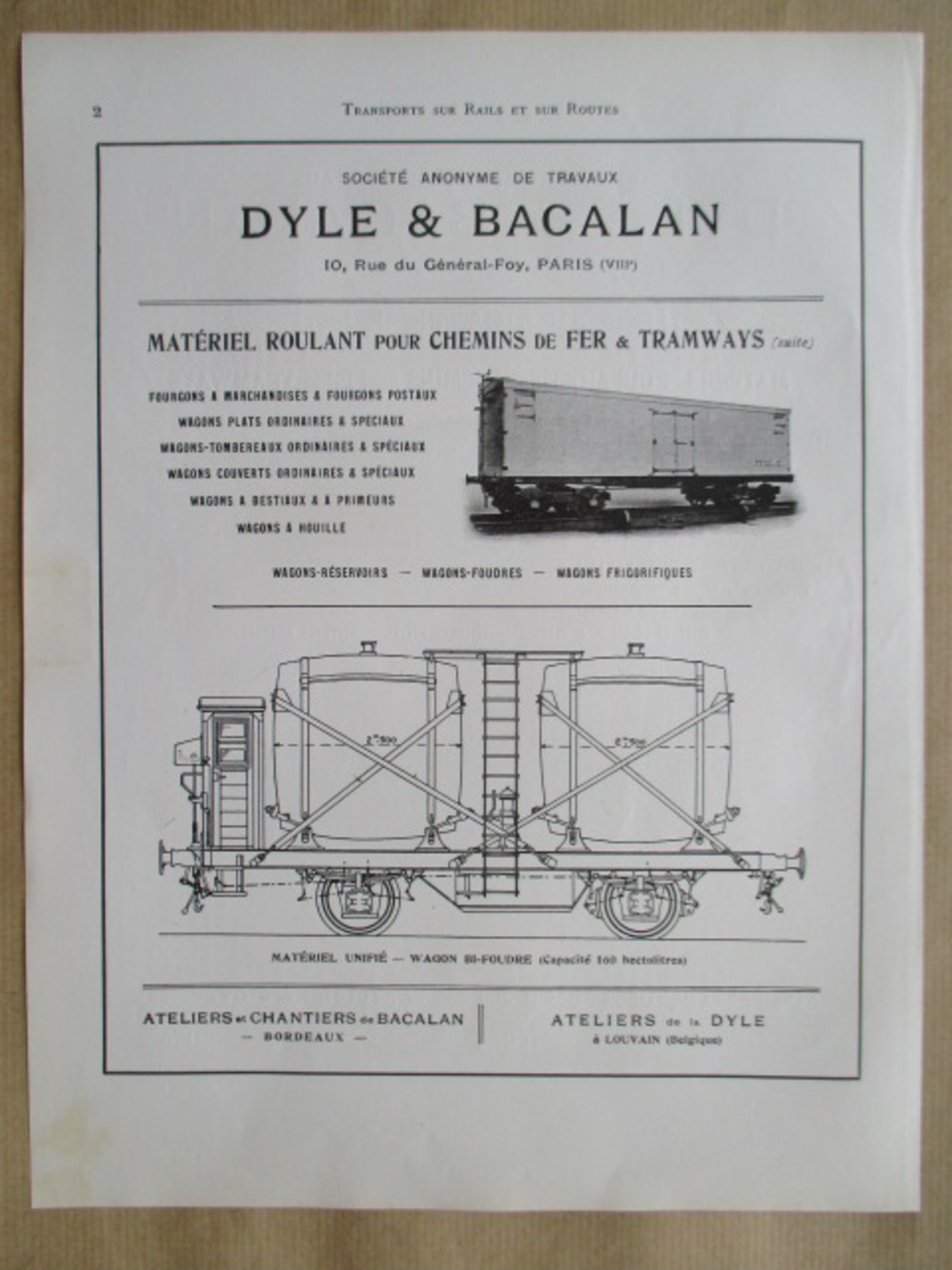 1922 - Page Originale ARCHITECTURE INDUSTRIELLE - PLAN  Wagon BI-FOUDRE  160 Hectolitres - DYLE BACALAN - Machines