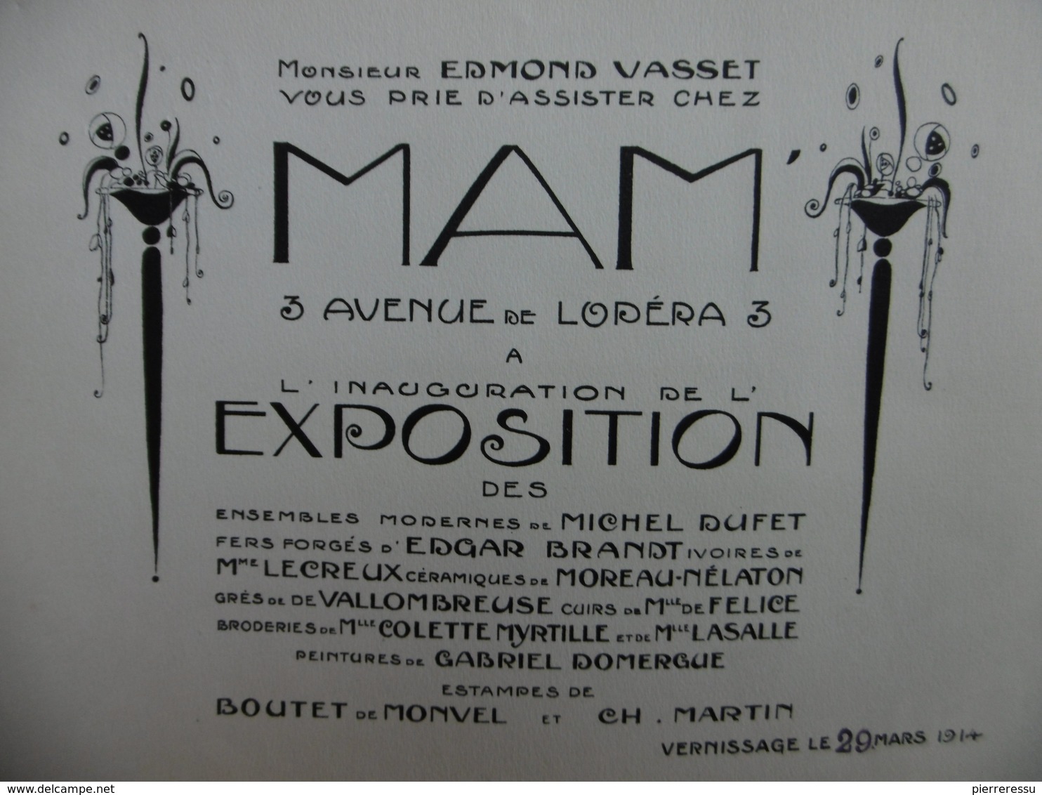 INVITATION EXPOSITION ILLUSTRE PAR MICHEL DUFET EDGAR BRANDT LECREUX MOREAU NELATON 1914 - Autres & Non Classés