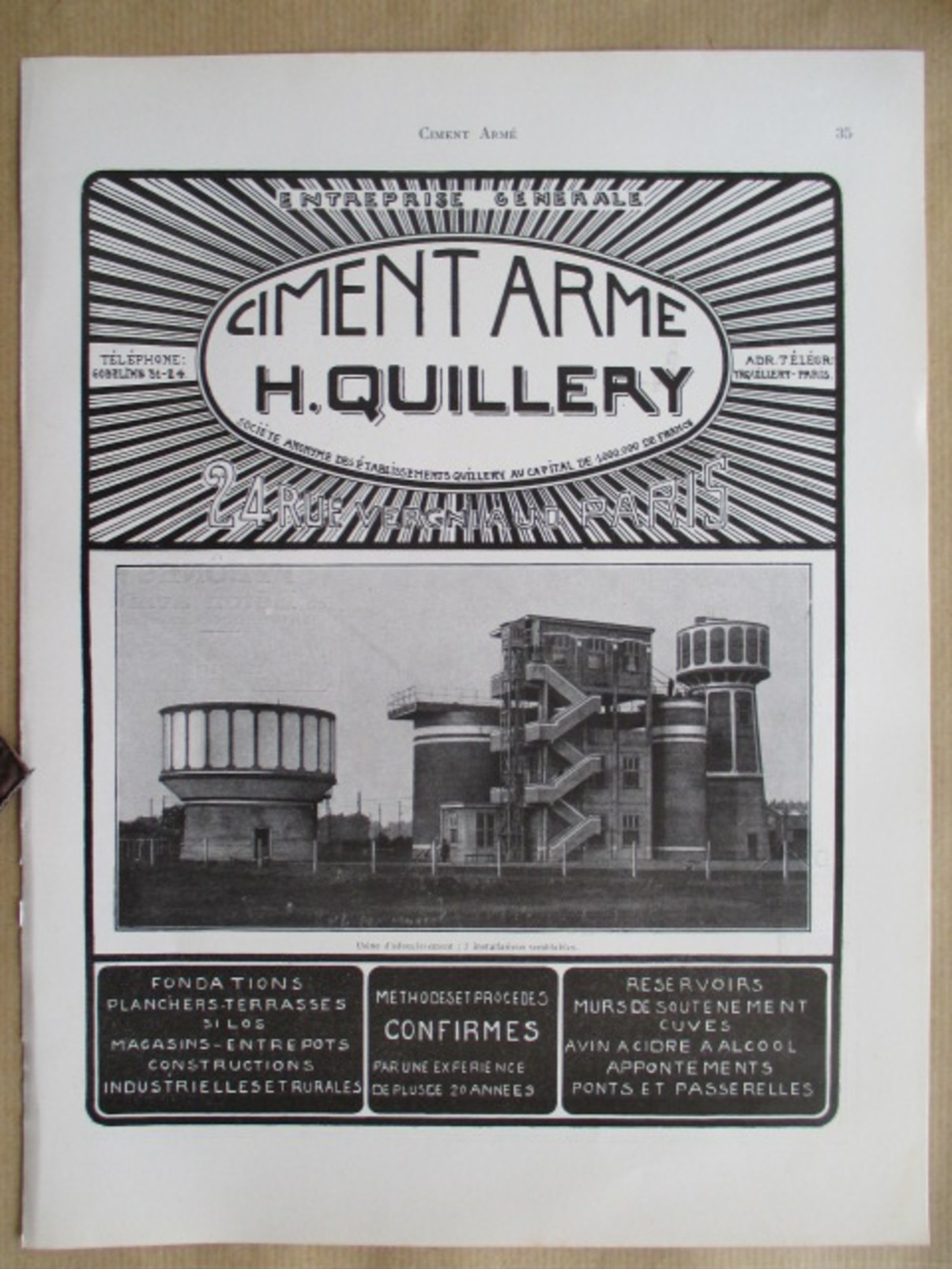 1922 - Page Originale ARCHITECTURE INDUSTRIELLE - Chateau D'eau Usine D'adoucissement Par QUILLERY - Travaux Publics