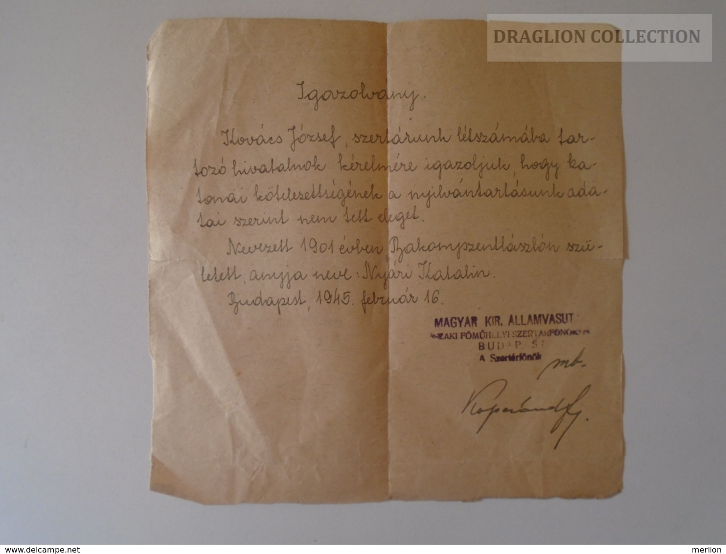 ZA108.25  Budapest 1945 02.16 - Kovács J. Bakonyszentlászló  Military Cetificate - Zonder Classificatie