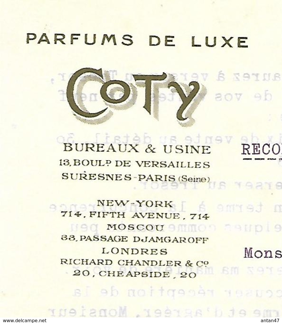 Facture Lettre 1919 / PARIS / Parfums De Luxe COTY / Augmentation Tarifs / Taxe De Luxe - 1900 – 1949