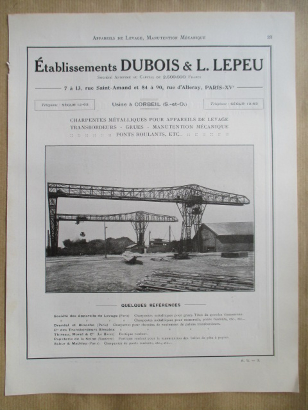 1922 - Page Originale ARCHITECTURE INDUSTRIELLE -   ( S Et O) TRANSBORDEUR Pont Roulant - DUBOIS & L LEPEU à Corbeil - Machines