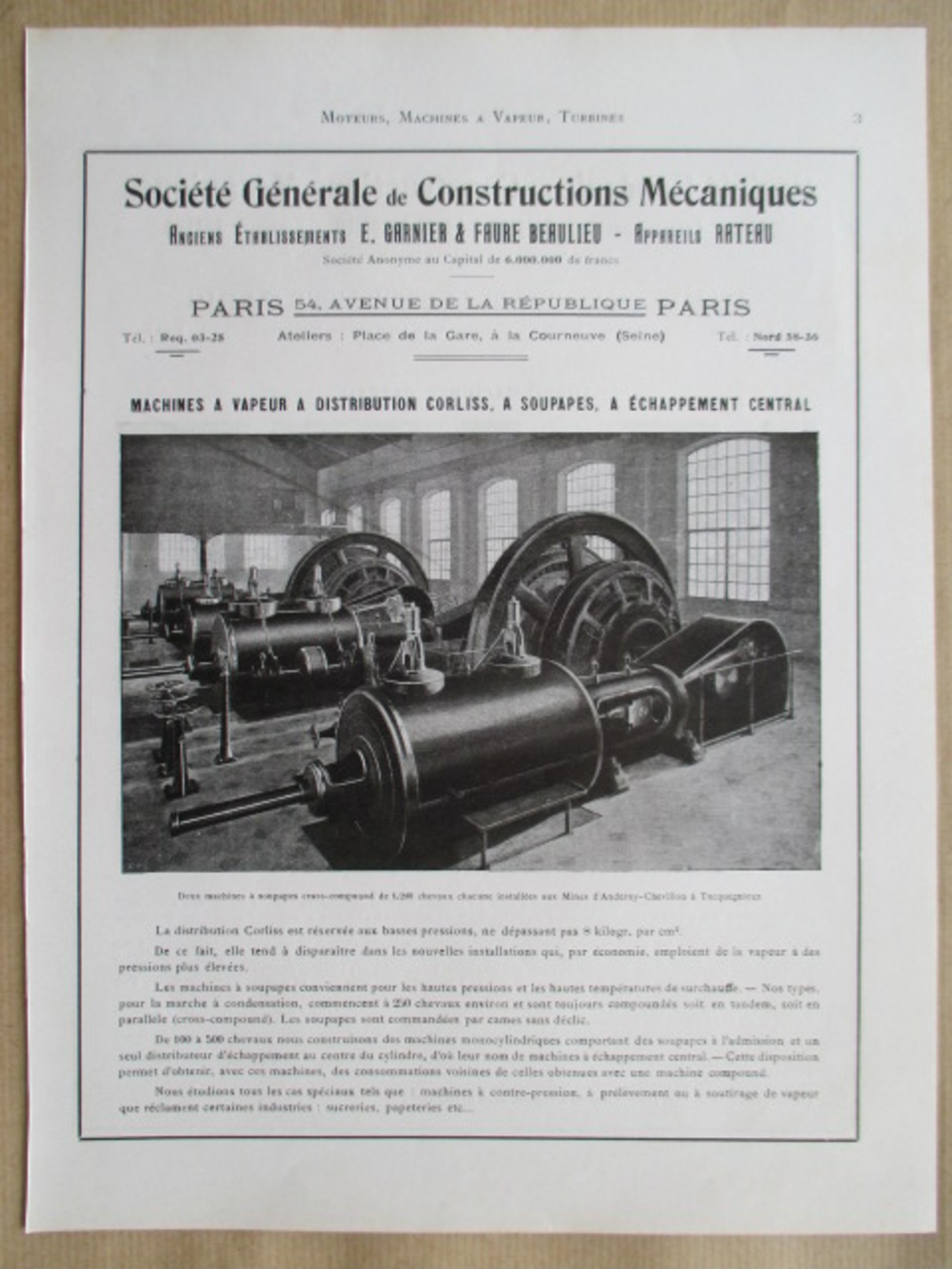 1922 - Page Originale ARCHITECTURE INDUSTRIELLE -  Machine à Vapeur - Mines D'Anderny Chevillon Tucquegnieux - Machines