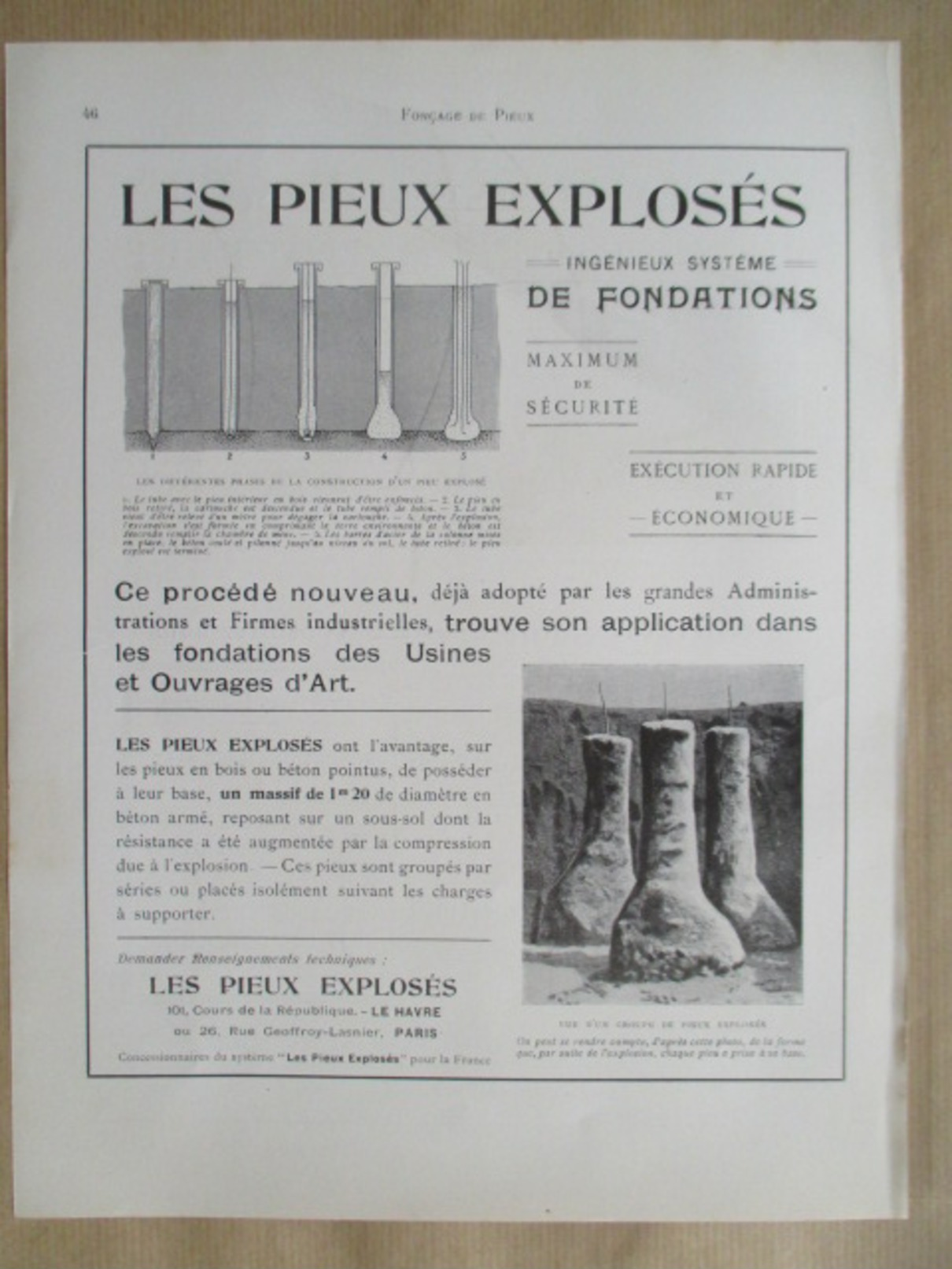 1922 - Page Originale ARCHITECTURE INDUSTRIELLE - LES PIEUX EXPLOSES   Le Havre - Travaux Publics