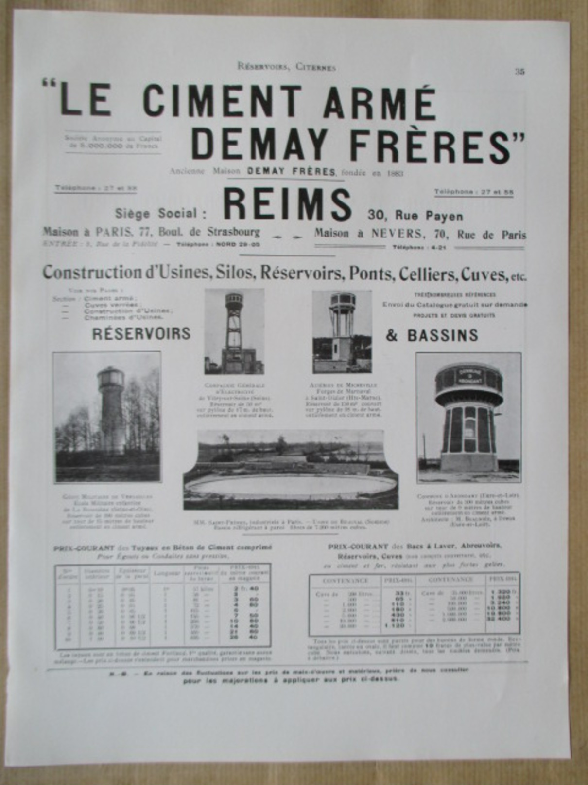 1922 - Page Originale ARCHITECTURE INDUSTRIELLE - Chateau D'eau Versailles,Vitry ,St Dizier Et Bassin à Beauval -DEMAY - Travaux Publics