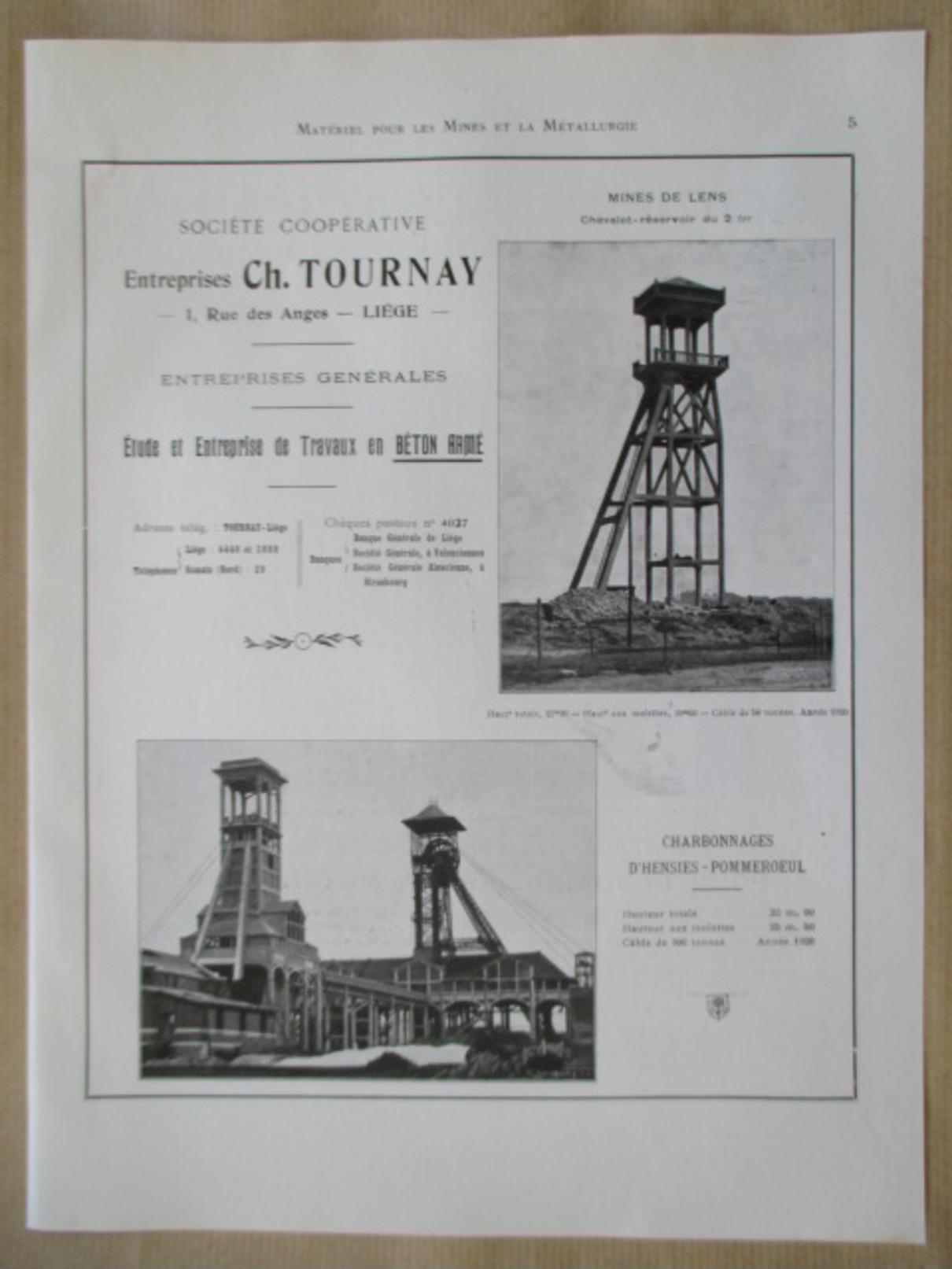 Année 1922 - Page Originale ARCHITECTURE INDUSTRIELLE  #15 -  Chevalet Réservoir Mine  De Lens Et D'Hensies Pommeroeul - Architecture