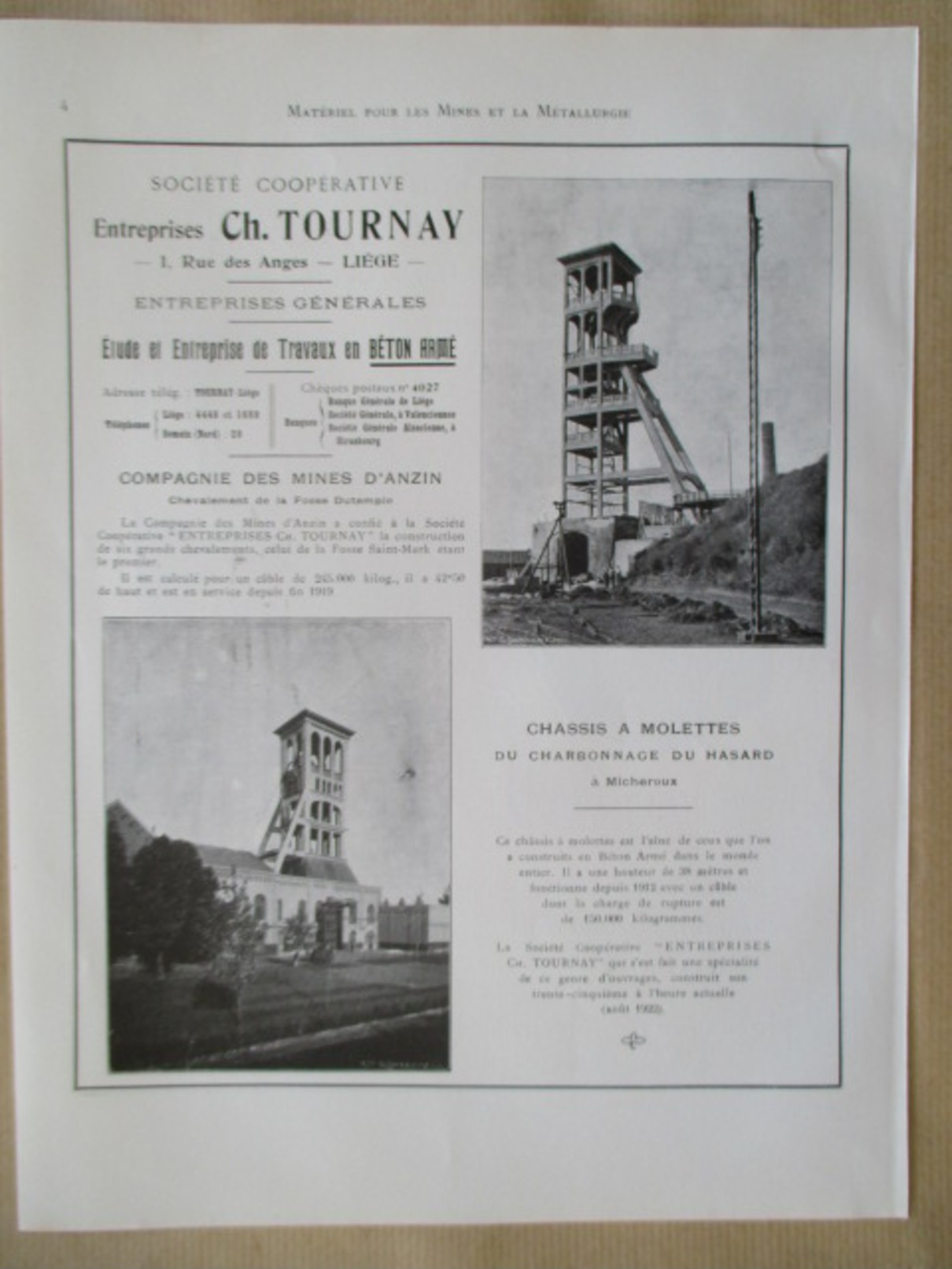 Année 1922 - Page Originale ARCHITECTURE INDUSTRIELLE  #15 - Chassis à Molettes Mine De Micheroux - Cie C TOURNAY  Liège - Máquinas