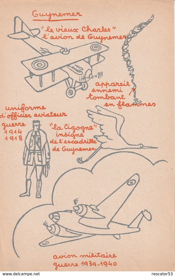 Rare Fiche Sur L' As De L'aviation Guynemer Avec Au Dos Dessins Avions De Alain St Ogan - 1914-18