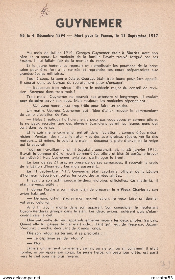 Rare Fiche Sur L' As De L'aviation Guynemer Avec Au Dos Dessins Avions De Alain St Ogan - 1914-18