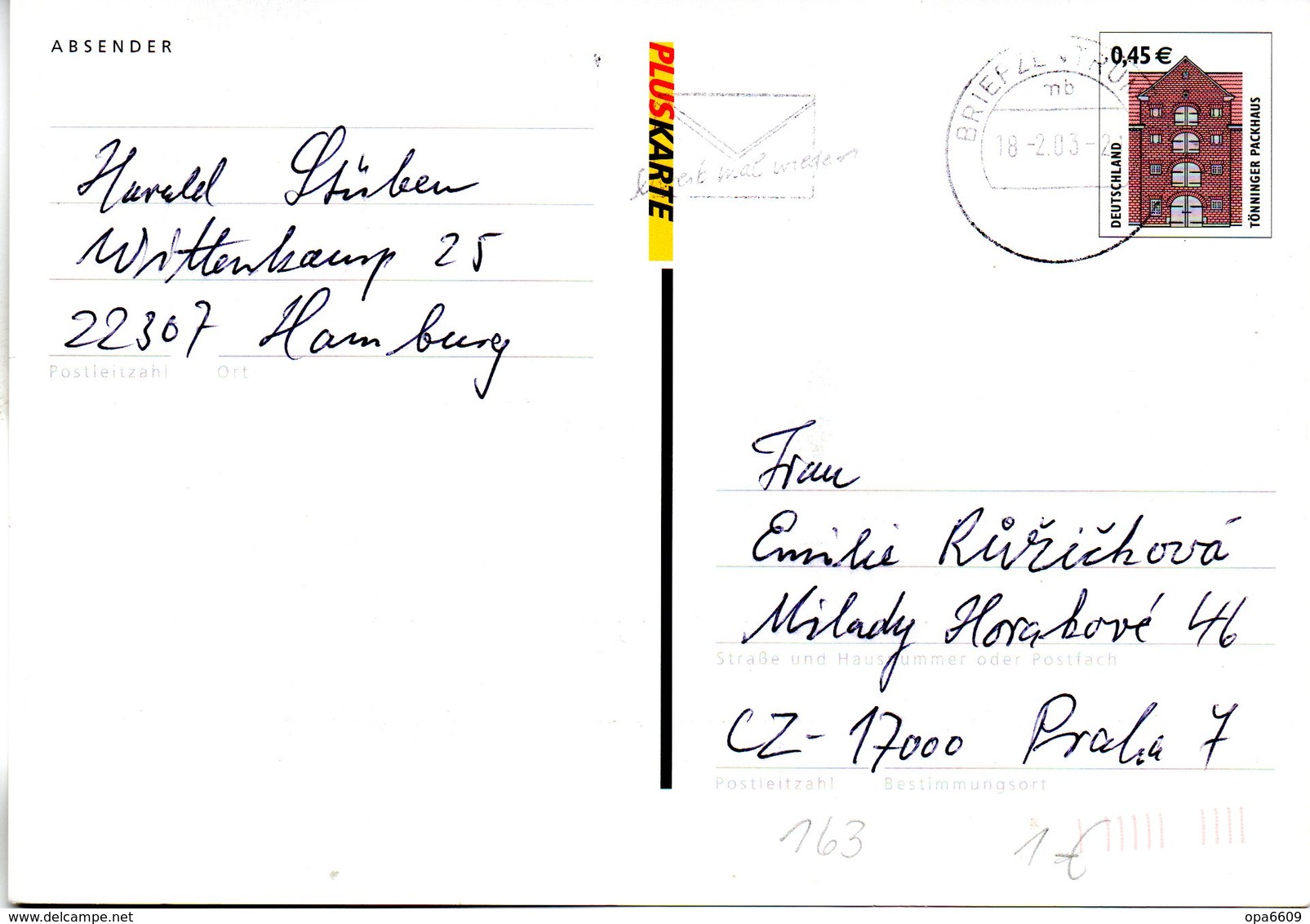 BRD Amtliche Ganzsachen-Postkarte P 163 WSt "Tönninger Packhaus" 45(C) Schwarz/rosa, MWSt. 18.2.2003 BRIEFZENTRUM - Postkaarten - Gebruikt