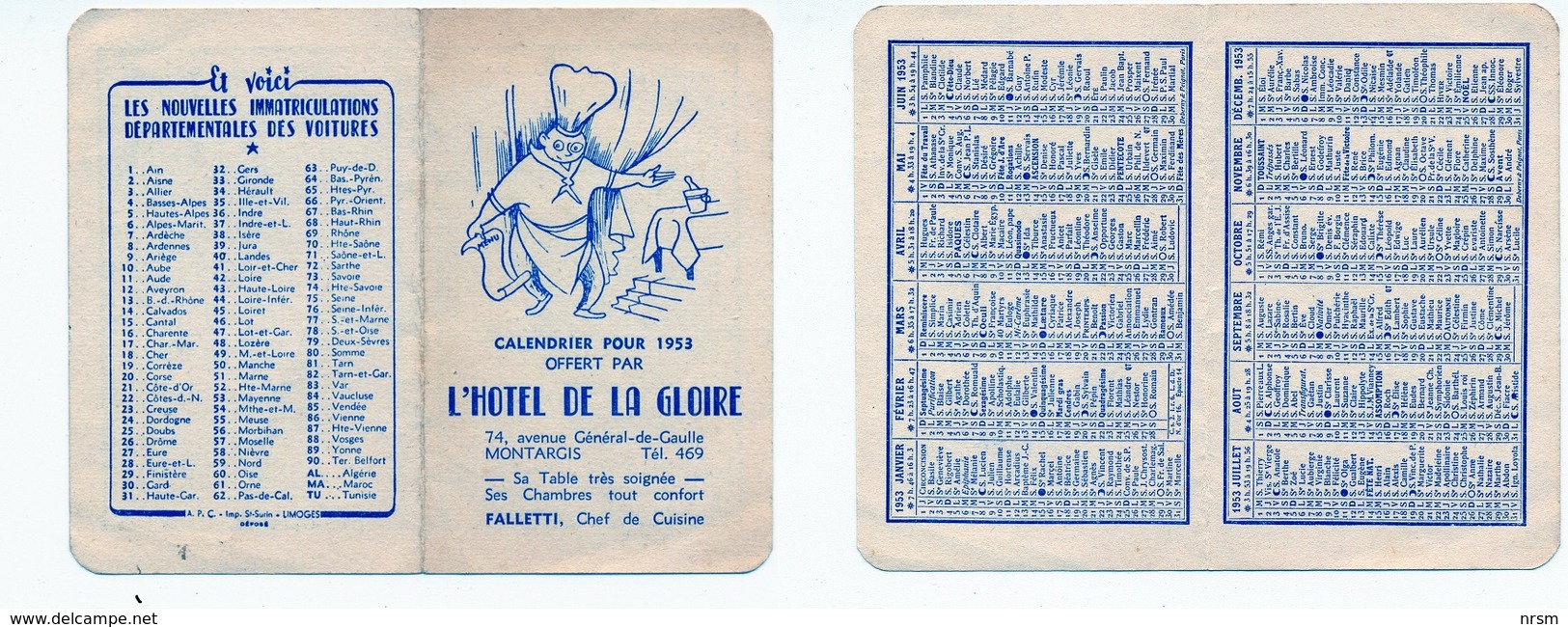 Petit Calendrier 1953 / Montargis / Hôtel De La Gloire - Petit Format : 1941-60