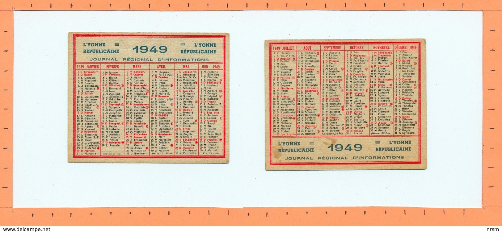 Calendrier 1949 / L'Yonne Républicaine - Petit Format : 1941-60