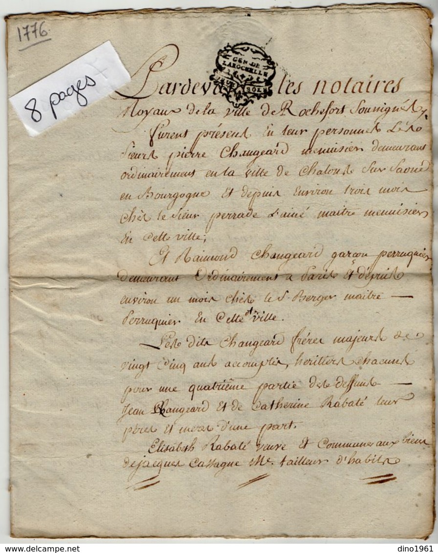 VP13.316 - Cachet Généralité De LA ROCHELLE - Acte De 1776 - Quittance Mr CHANGEARD Perruquier à ROCHEFORT & PARIS - Cachets Généralité