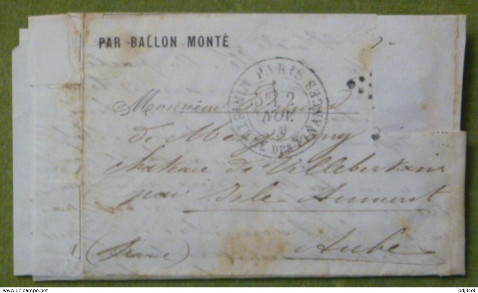 Pli Ballon Monté, Cachet Du 2 Novembre 1870 Pour Villebertain Par Isle-Aumont (Aube), Timbre Découpé - Guerre De 1870