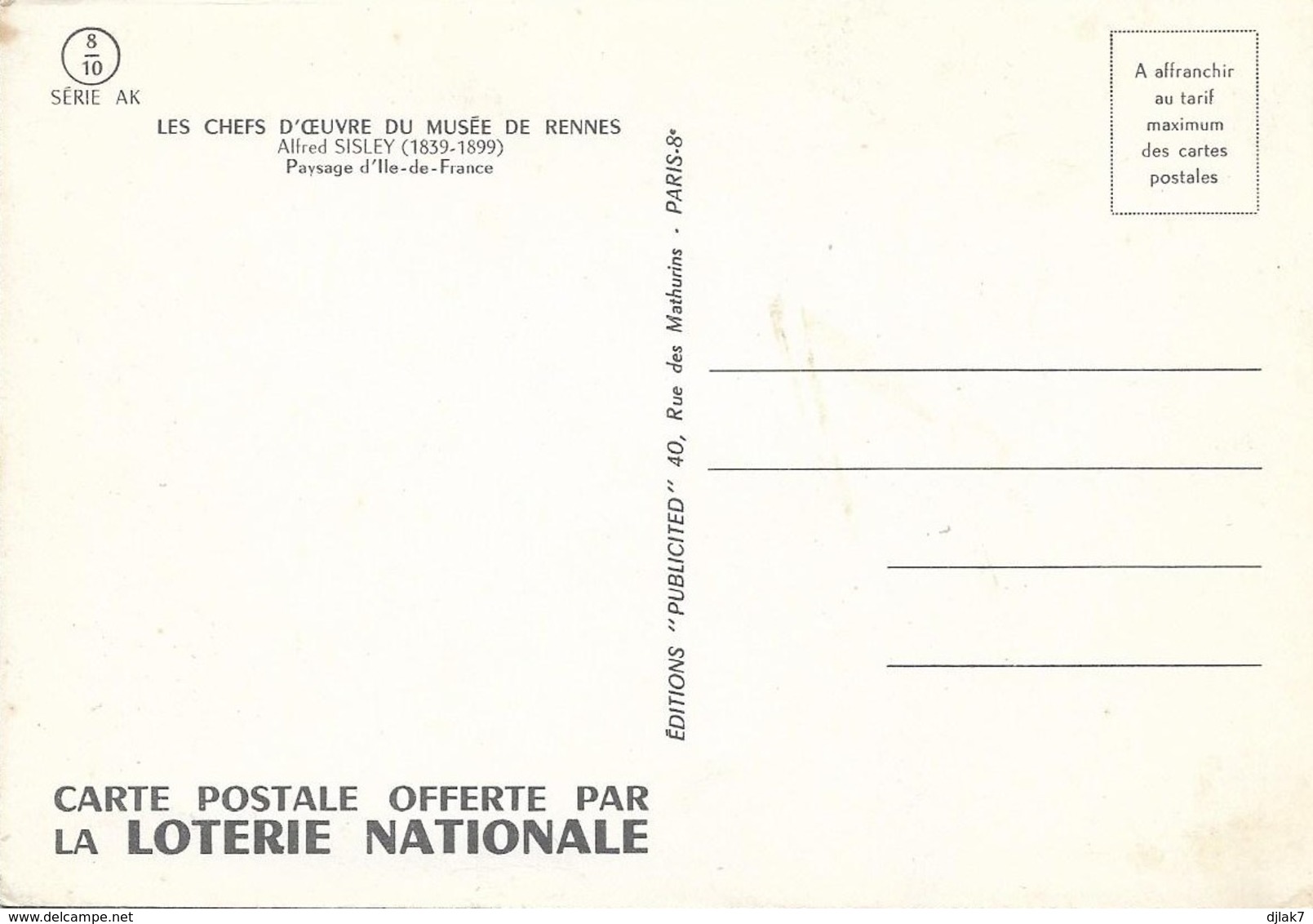 Carte Postale De La Loterie Nationale Musée De Rennes Alfred Sisley Passage D'Ile De France (2 Scans) - Malerei & Gemälde