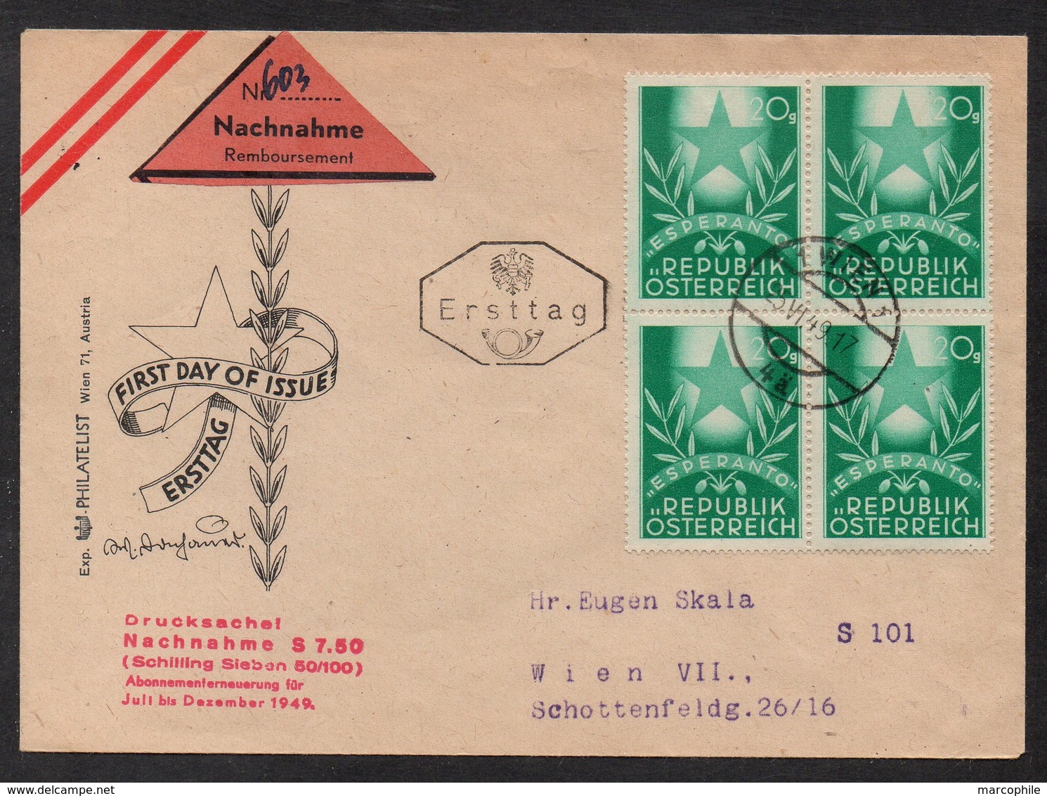 ESPERANTO - AUTRICHE / 1949 ENVELOPPE FDC CONTRE REMBOURSEMENT (ref LE2628) - Esperanto