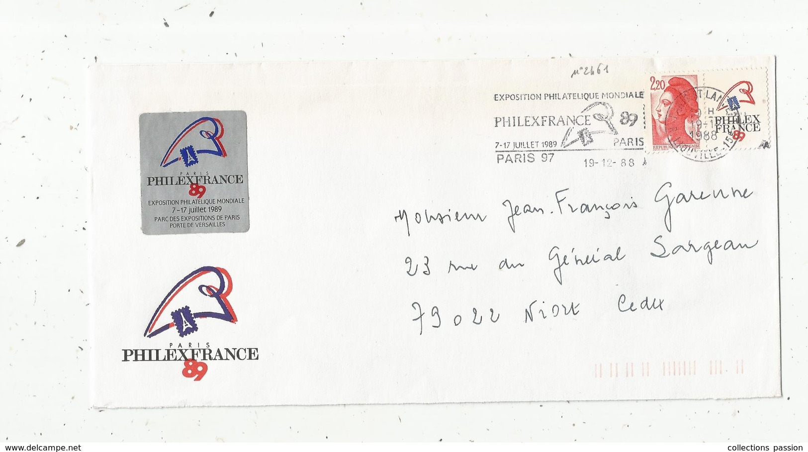 Lettre , PARIS ,rue Liouville,1988, Vignette PHILEXFRANCE 89 , Flamme - 1961-....