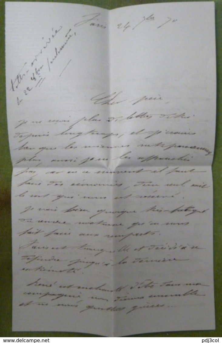 Pli Sous Enveloppe Voyagée En Ballon Monté, Cachet Du 24 Septembre 1870 Pour L'Aube, Sans Timbre, Attéri En Belgique - Guerre De 1870