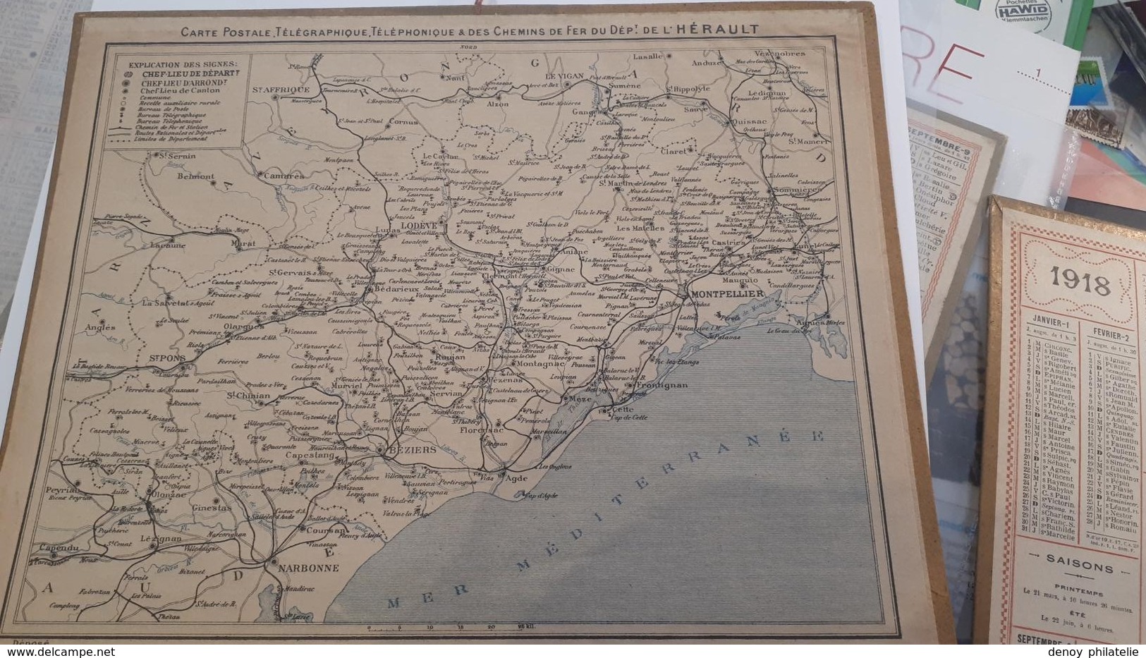 Calendrier Almanach 1918 De L'herault 34 Avec Ces 2 Feuilles Au Dos Carte Des Chemin De Fer Et Comunes De L'lheraut - Big : 1901-20