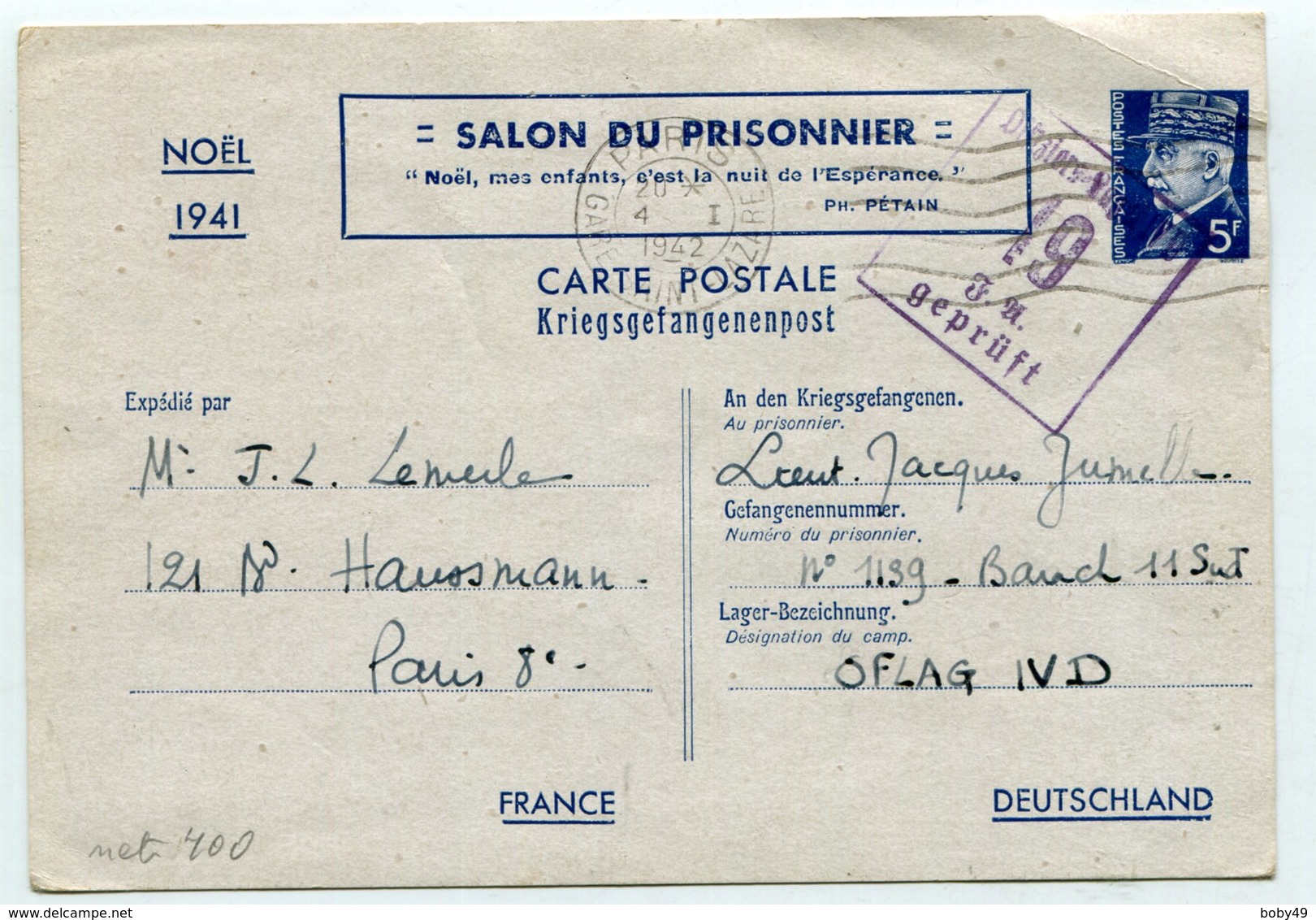 Carte PETAIN Salon Du Prisonnier Oblitéré à PARIS Le 04/01/1942 ( Pliure Coin Droit) - Standard Postcards & Stamped On Demand (before 1995)