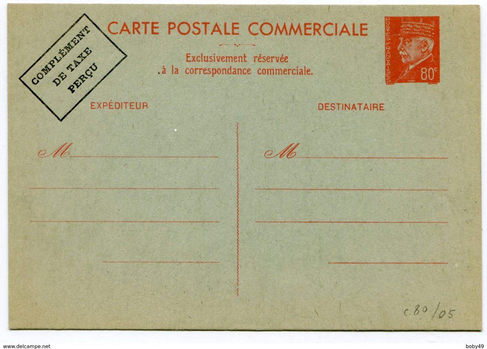 Carte PETAIN 80 C Rouge Sur Vert CORRESPONDANCE COMMERCIALE - Standard Postcards & Stamped On Demand (before 1995)