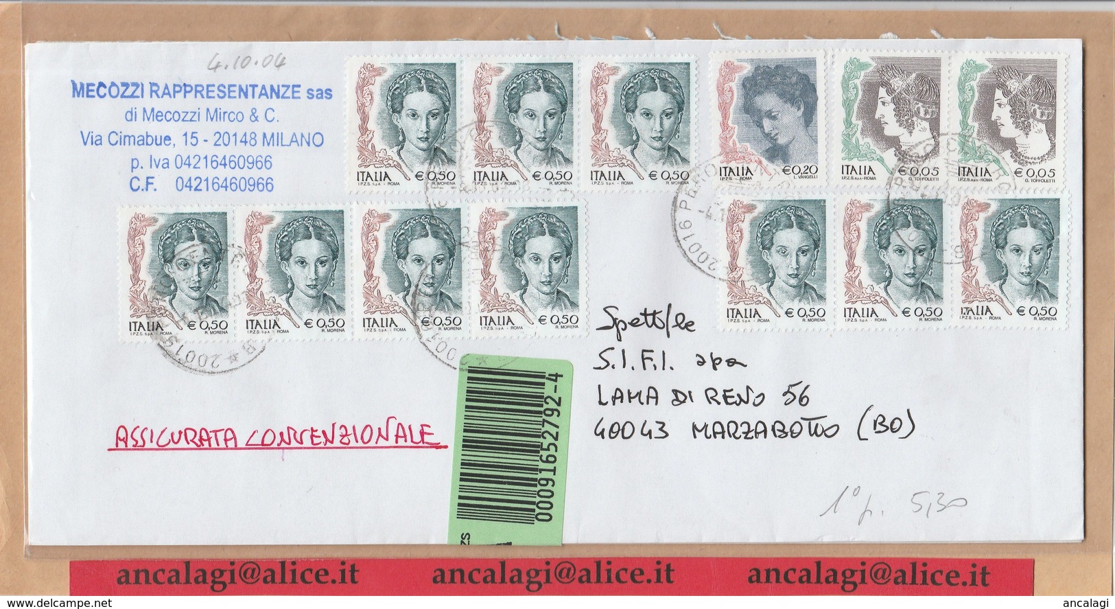 St.Post.0725A - STORIA POSTALE "Donna Nell'Arte" - Lettera Assicurata Viaggiata In Tariffa 1° Porto, Il 4.10.2004 - 2001-10: Storia Postale