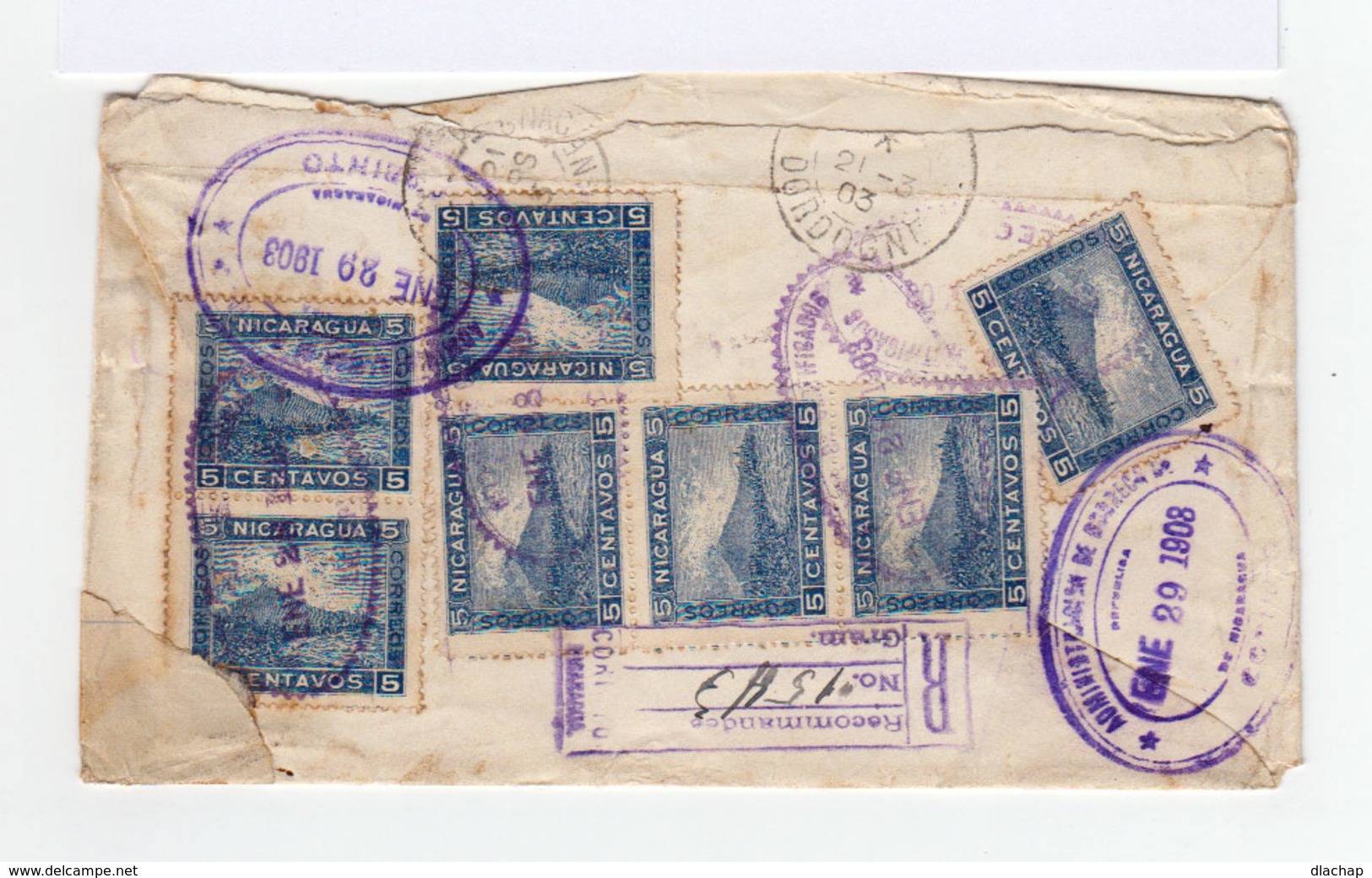 Sur Entier Postal Nicaragua Recommandé Vers France 12 Timbres 5 C. Bleu Foncé Cachets Ovales 1903. (809) - Nicaragua