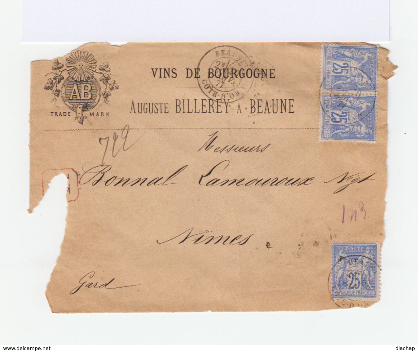 Sur Enveloppe Négociant Vins Types Sage Paire De 25 C. Bleu Plus Un. CAD Beaune 1877. (811) - 1877-1920: Période Semi Moderne
