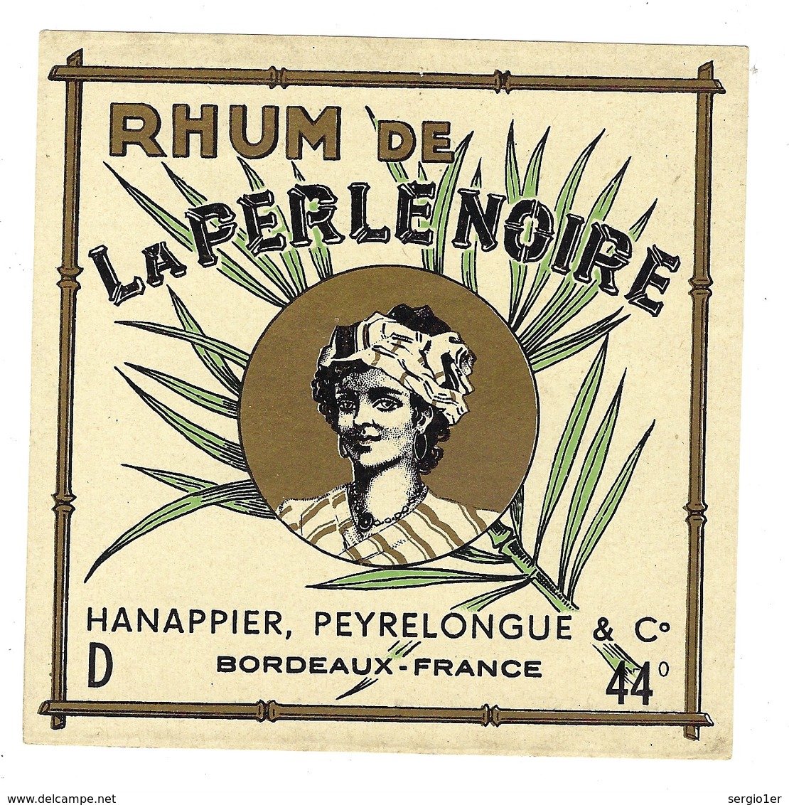 Etiquette  Rhum De La Perle Noire  Hanappier  Peyrelonue & Cie Bordeaux 44°"visage Femme" - Rhum