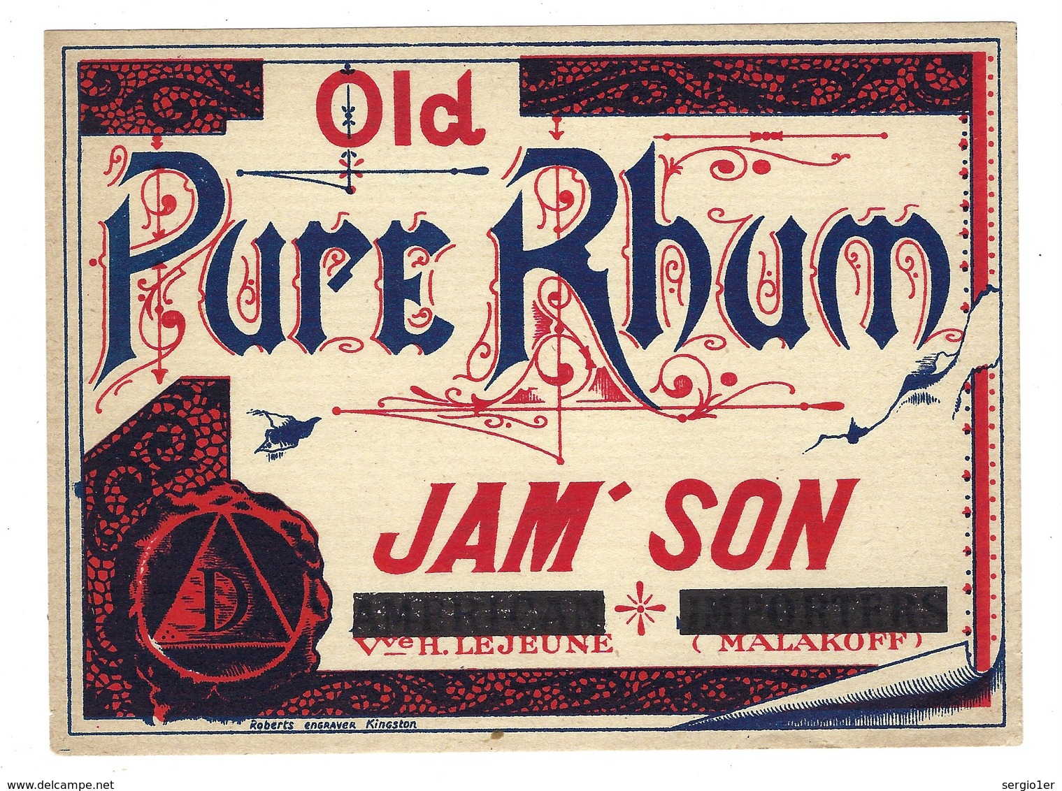 Ancienne Etiquette  Rhum  Old Pure Rhum Jameson Vve H Lejeune Malakoff - Rhum