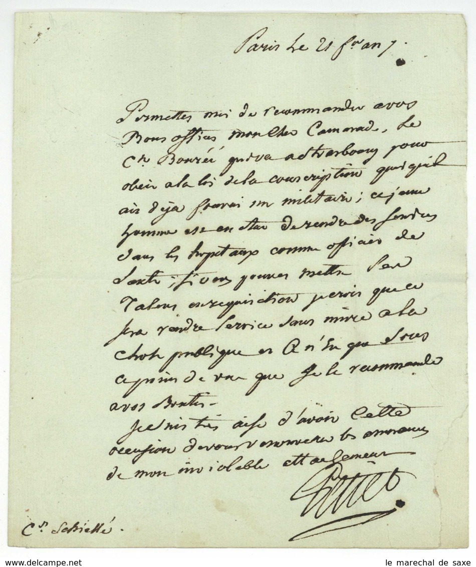 Claude-Louis PETIET (1749-1806) Ministre De La Guerre Lettre Autographe Signee Strasbourg 1799 - Autres & Non Classés