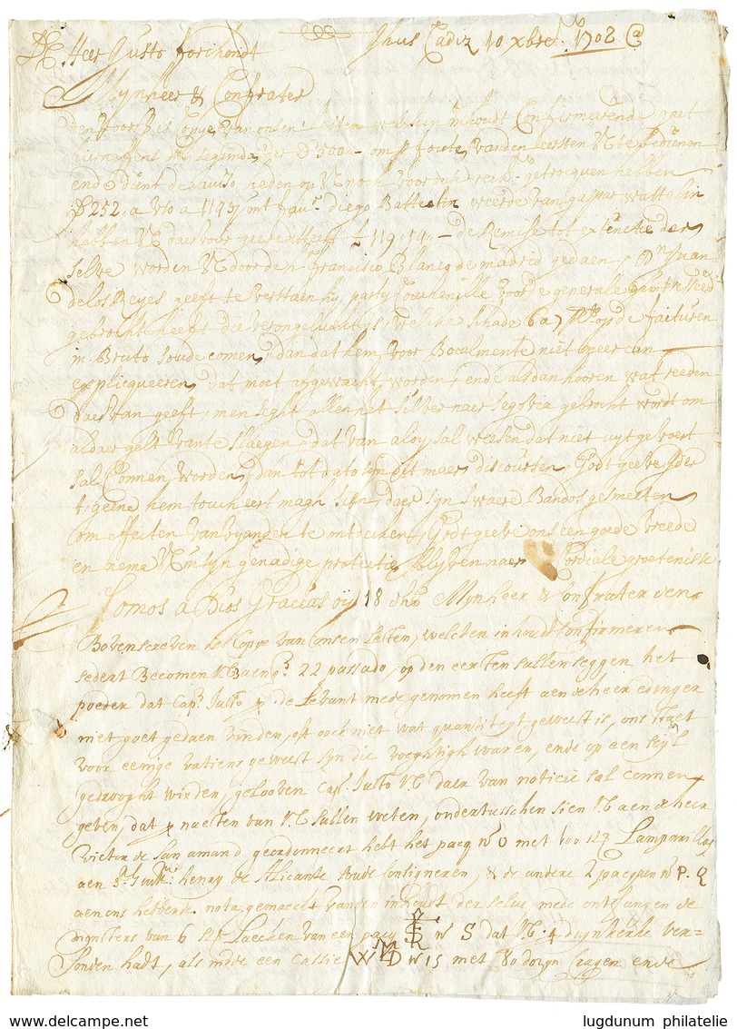 1703 Lettre Avec Texte De CADIX Pour ANVERS (BELGIQUE). Fermeture Avec Cachet CIRE + Cordelette. TTB. - Other & Unclassified