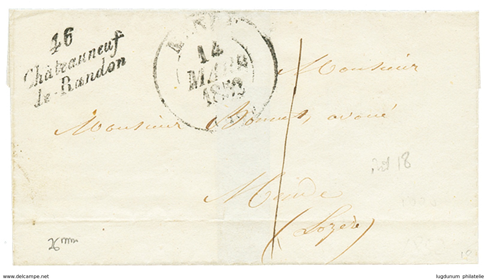 LOZERE : 1852 Cursive 46 CHATEAUNEUF DE RANDON + Taxe 1 Sur Lettre Pour MENDE. TTB. - Altri & Non Classificati