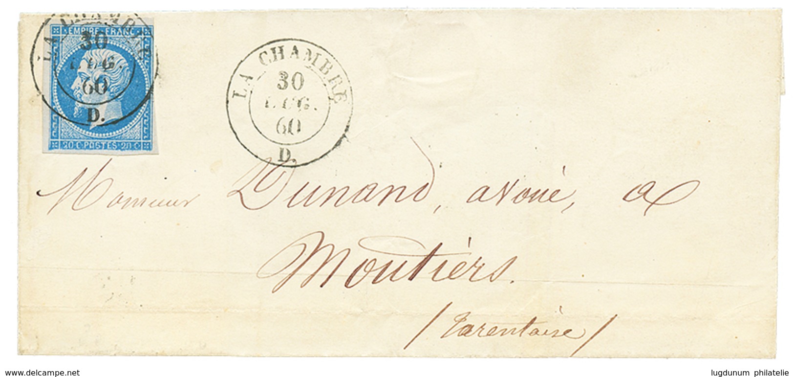 1860 FRANCE 20c(n°14) Obl. Cachet Sarde LA CHAMBRE Sur Lettre Pour MOUTIERS. Trés Rare. Superbe. - Altri & Non Classificati