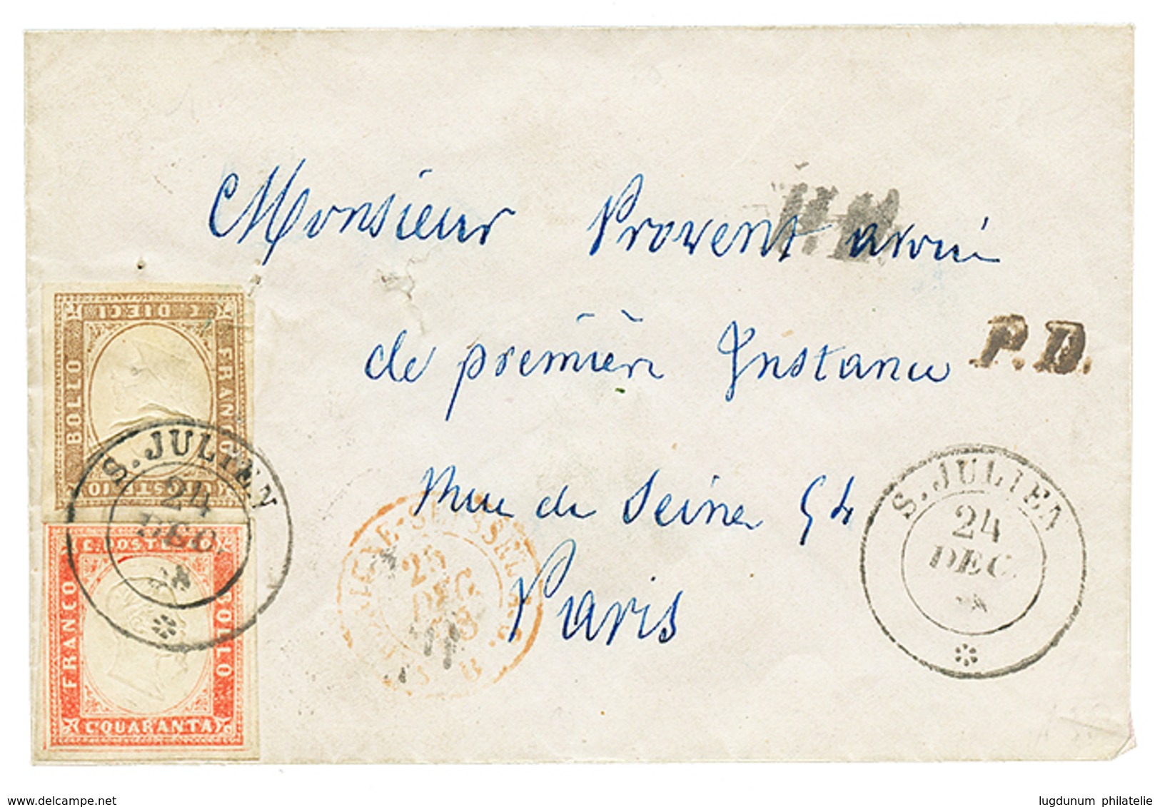 1858 SARDAIGNE 10c + 40c TB Margés Obl. S. JULIEN Sur Enveloppe Pour PARIS. Superbe. - Altri & Non Classificati