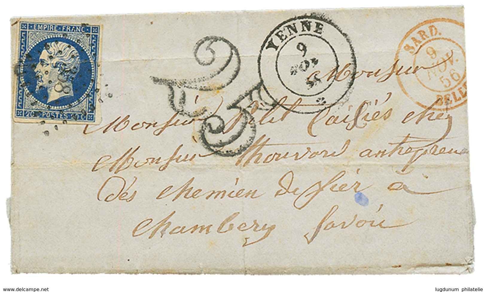 SAVOIE : 1856 20c(n°14) Léger Pli Obl. PC 358 + Cachet Sarde YENNE + Taxe 25 D.T + SARD. BELLEY Sur Lettre Avec Texte De - Sonstige & Ohne Zuordnung