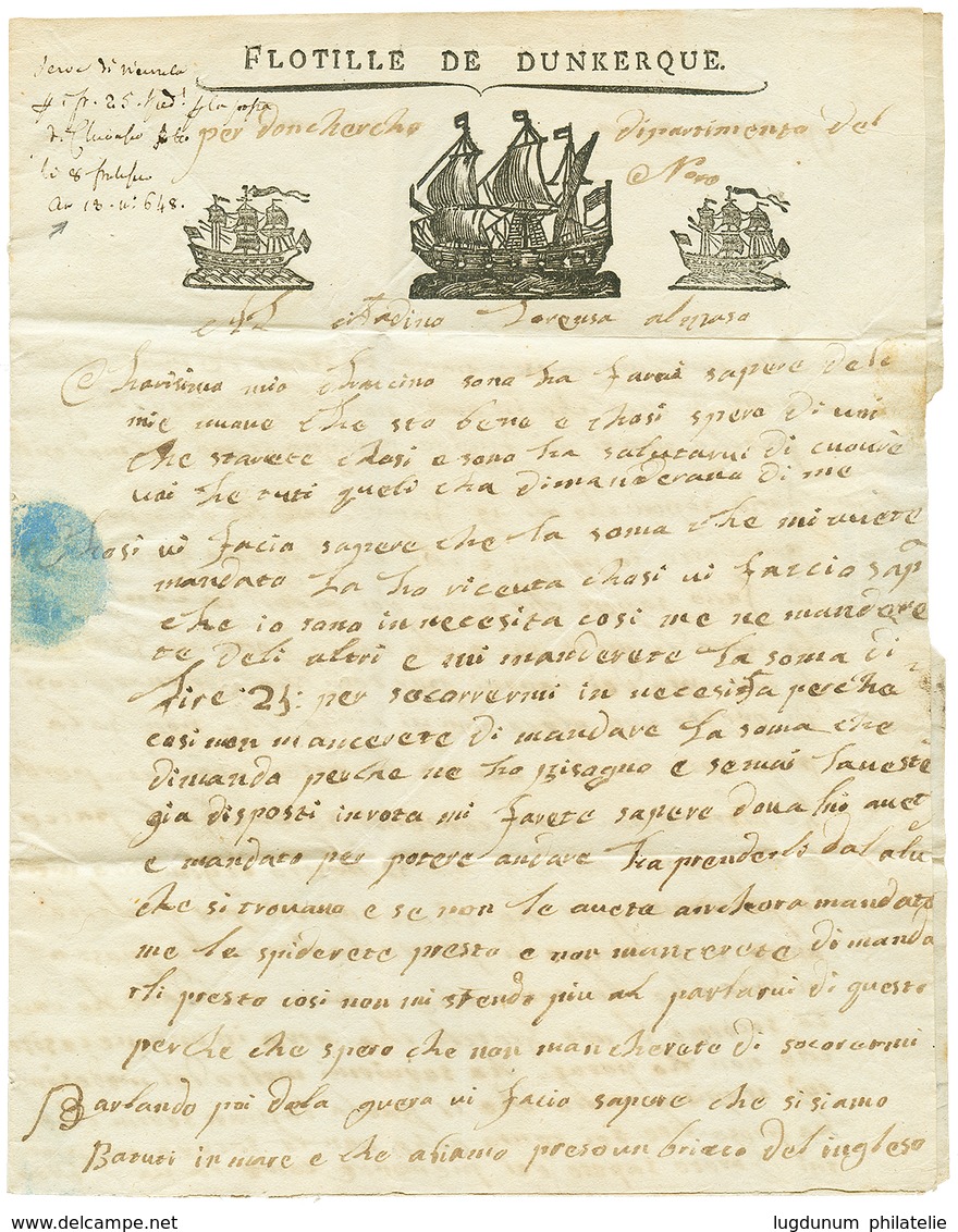 An 13 Cachet Rare DEB.e D' Asti Au Verso D'une Lettre De DUNKERQUE Avec Magnifique Entête Illustrée FLOTILLE DE DUNKERQU - 1792-1815: Dipartimenti Conquistati
