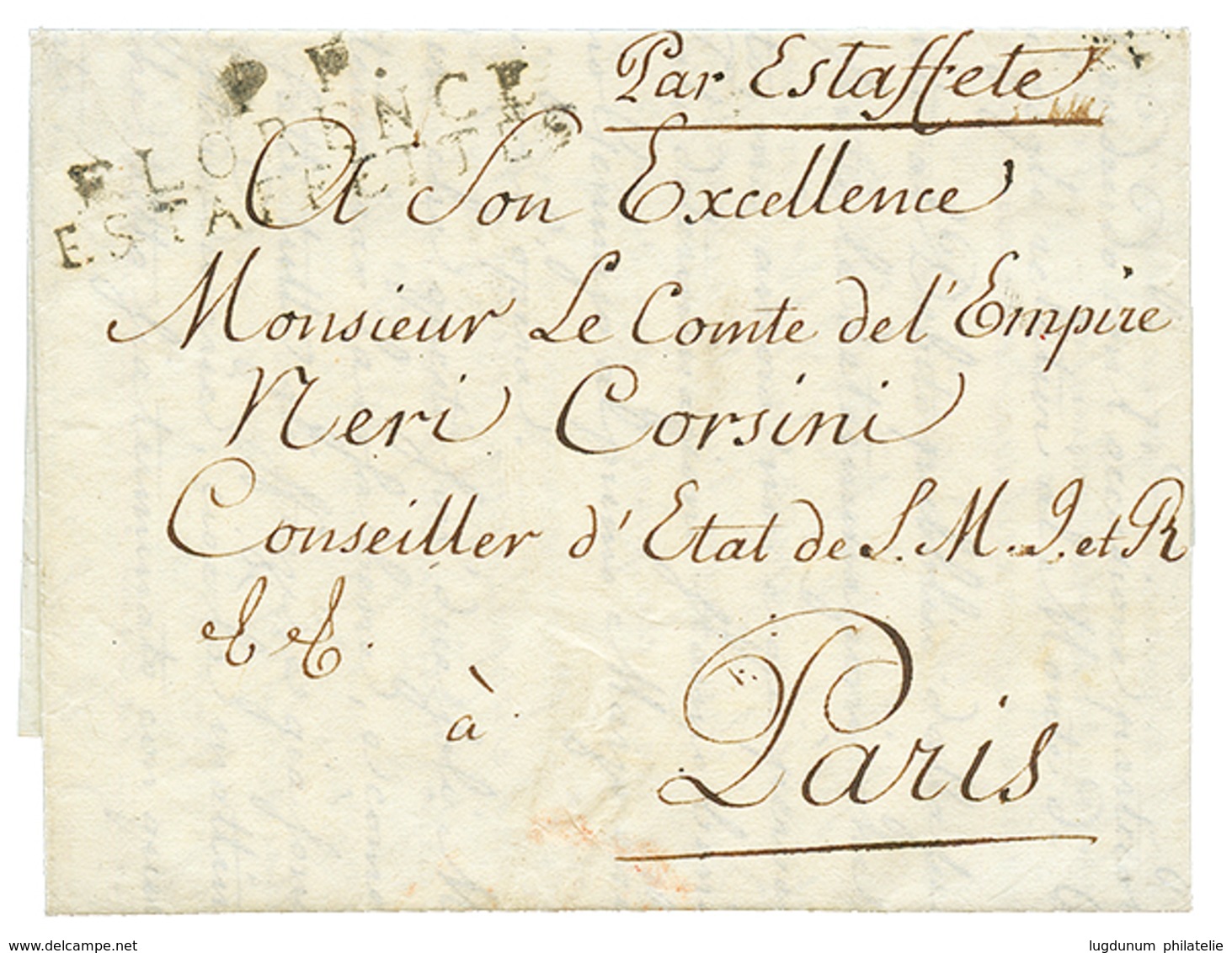 1813 Cachet Rare P.P / FLORENCE / ESTAFFETTE Sur Lettre Avec Texte Pour Mr CORSINI à PARIS. TTB. - 1792-1815: Départements Conquis