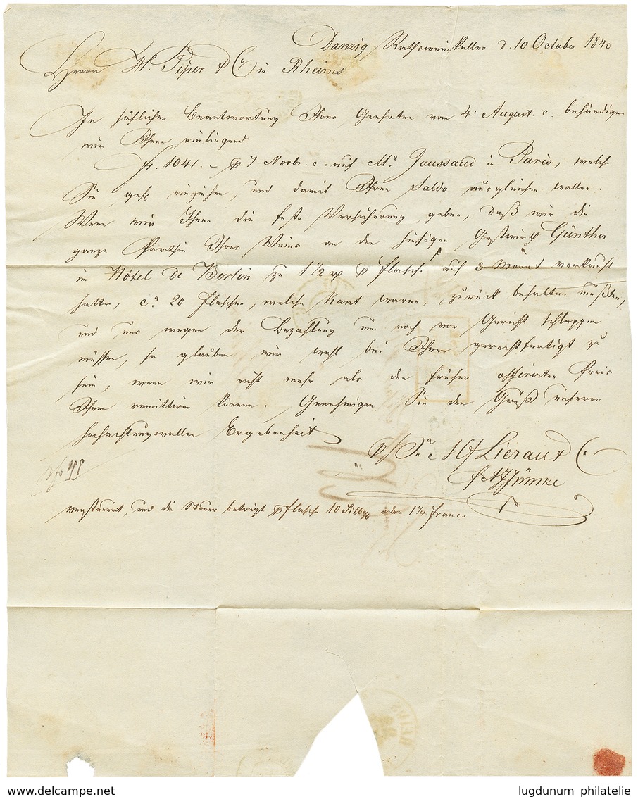 1840 PRUSSE PAR GIVET Rouge (type Rare) + CPR5 + DANZIG Sur Lettre Avec Texte Pour La FRANCE. TB. - Sonstige & Ohne Zuordnung