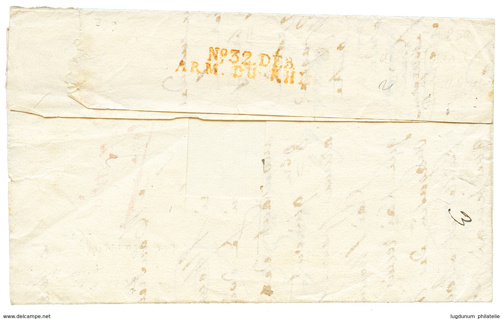 1809 Cachet Trés Rare N°32 DEB/ ARM. DU RHIN En Rouge Au Verso D'une Lettre Avec Texte De MADRID Pour Le QUARTIER GENERA - Armeestempel (vor 1900)