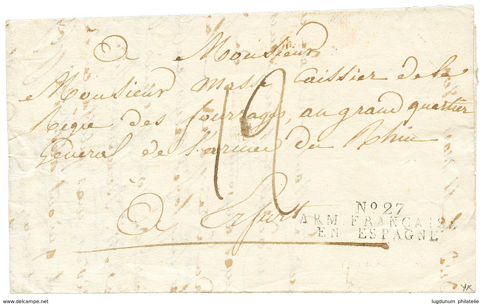 1809 Cachet Trés Rare N°32 DEB/ ARM. DU RHIN En Rouge Au Verso D'une Lettre Avec Texte De MADRID Pour Le QUARTIER GENERA - Armeestempel (vor 1900)