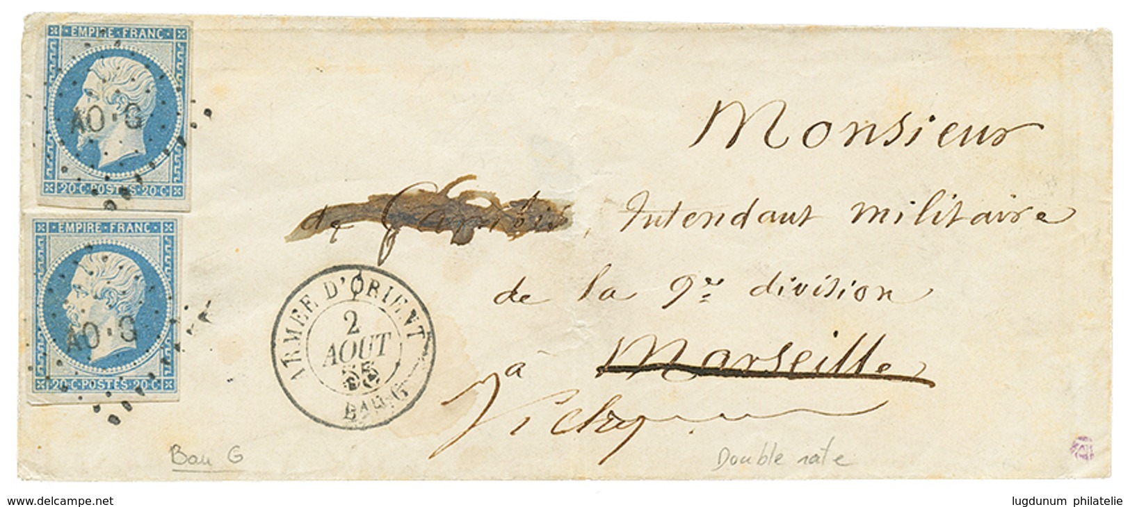 "GUERRE De CRIMEE" : 1855 20c(n°14)x2 TTB Margés Obl. AOG + ARMEE D' ORIENT Bau G Sur Lettre En Double Port Pour La FRAN - Armeestempel (vor 1900)