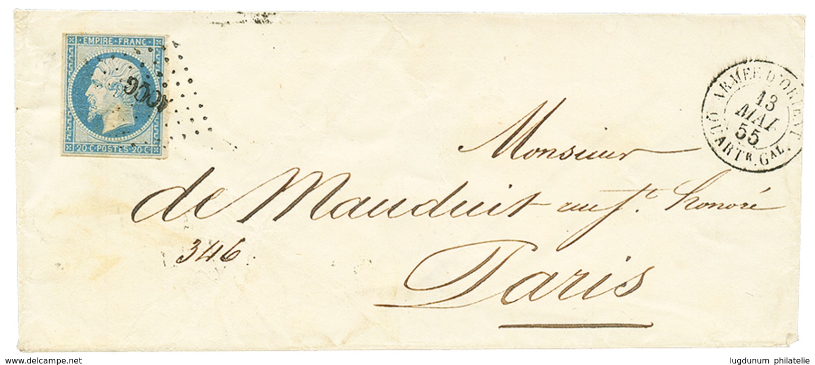 1855 20c(n°14) TB Margé Obl. AOQG + ARMEE D'ORIENT QUARTr Gal Sur Enveloppe Pour PARIS. Superbe. - Armeestempel (vor 1900)