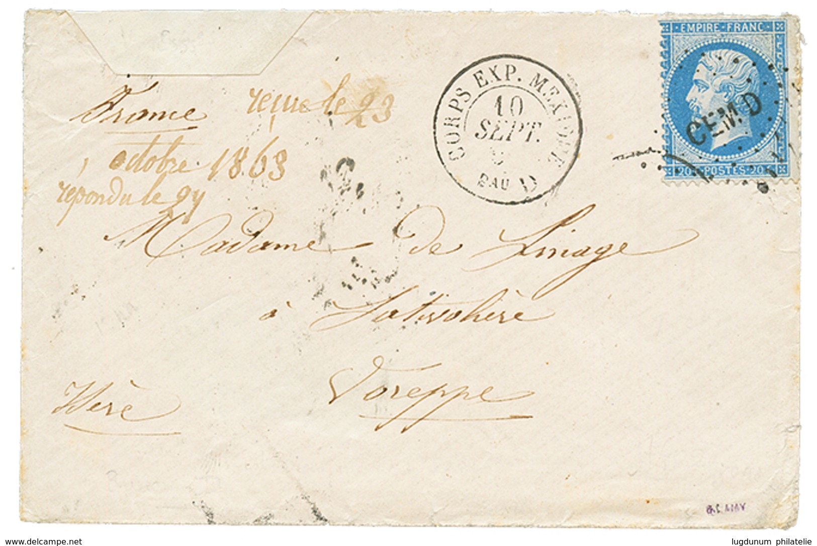 1863 20c(n°22) Obl. CEMD + CORPS EXP. MEXIQUE Bau D Sur Envelope(pd) Pour La FRANCE. Signé LAMY. TTB. - Armeestempel (vor 1900)