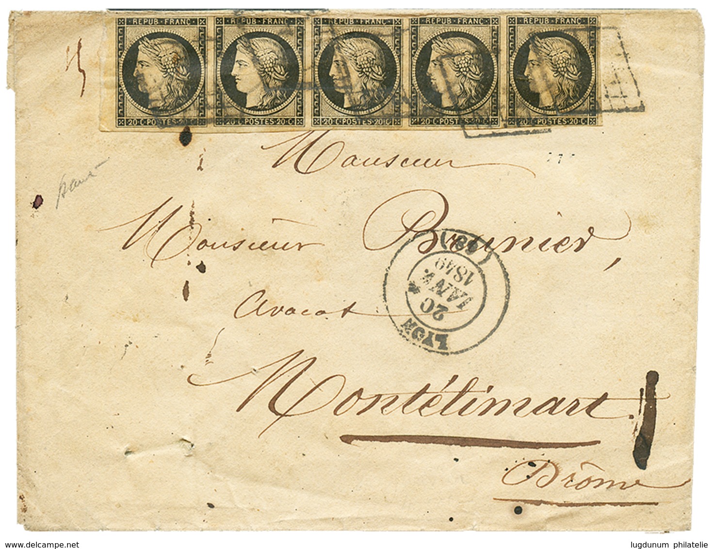 "JANVIER 1849 - Bande De 5" : 20c(n°3) Bande De 5 (pd) Bord De Feuille Obl. Grille + T.14 LYON 20 JANV. 1849 Sur Envelop - 1849-1850 Ceres