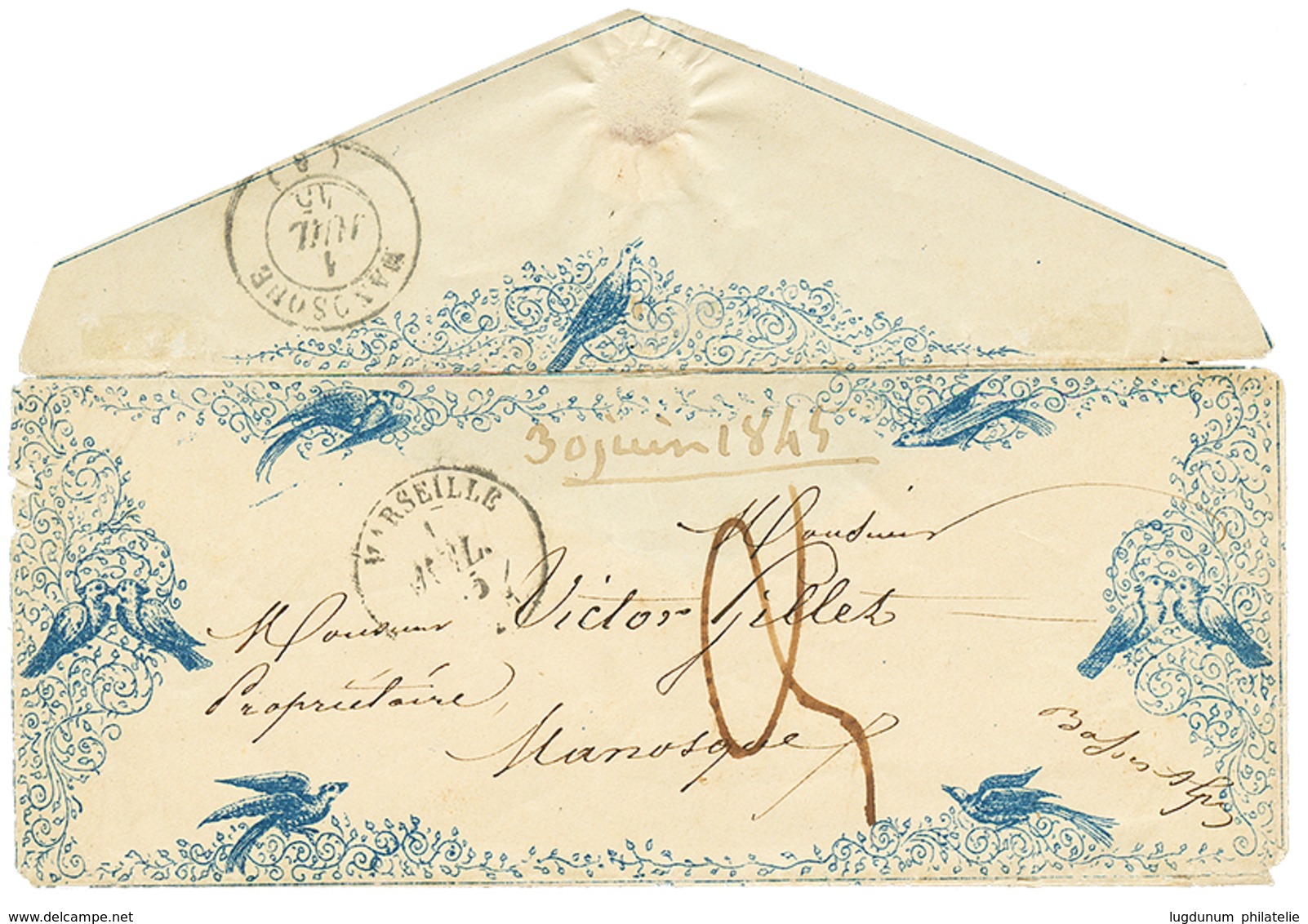 VALENTINE : 1845 T.15 MARSEILLE + Taxe 3 Sur Magnifique Enveloppe VALENTINE. Superbe. - Other & Unclassified