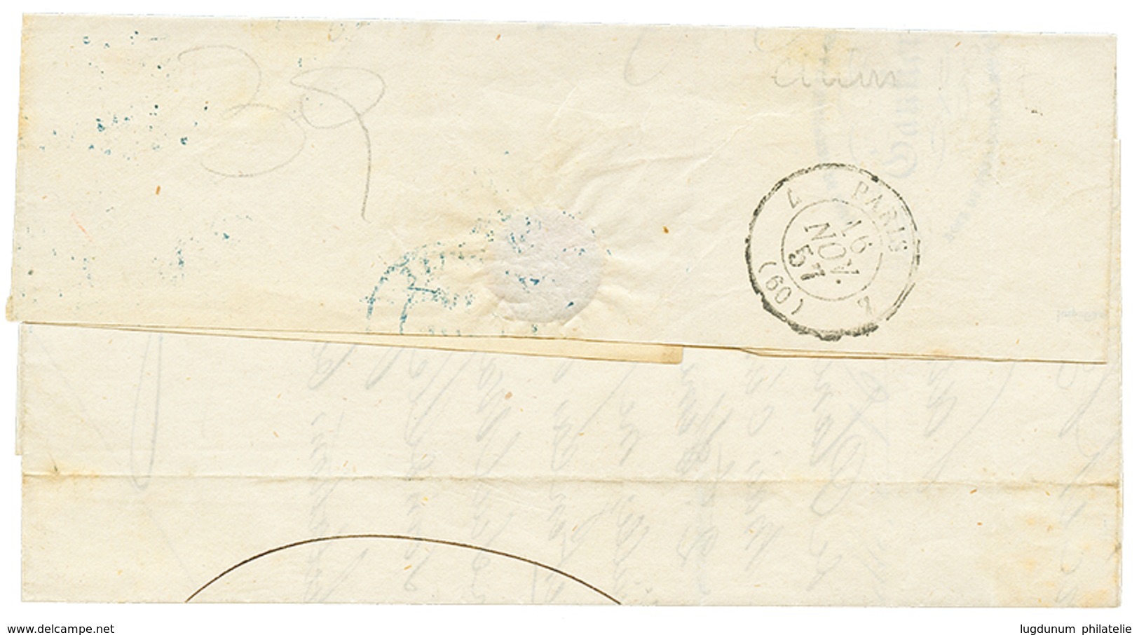 "PETIT CHIFFRE En Bleu" :185710c(n°13) Obl. PC 1451 En Bleu + T.15 GRENELLE En Bleu Sur Lettre Pour PARIS. RARE. TTB. - 1853-1860 Napoléon III.