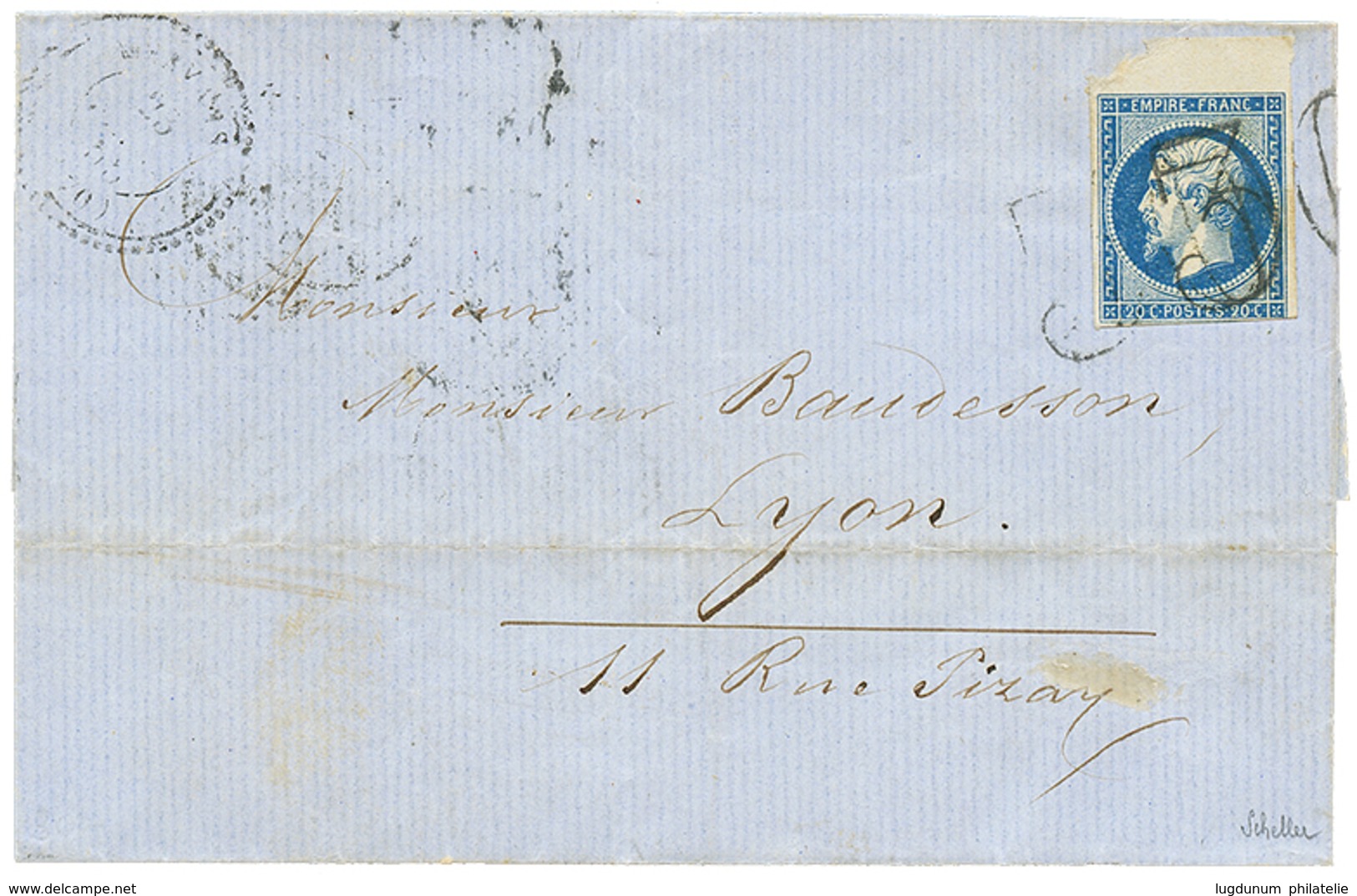 1855 20c(n°14) Annulé Exceptionellement Par Le Cachet Taxe Double Trait 30 Sur Lettre Pour LYON. Signé SCHELLER. TB. - 1853-1860 Napoléon III.