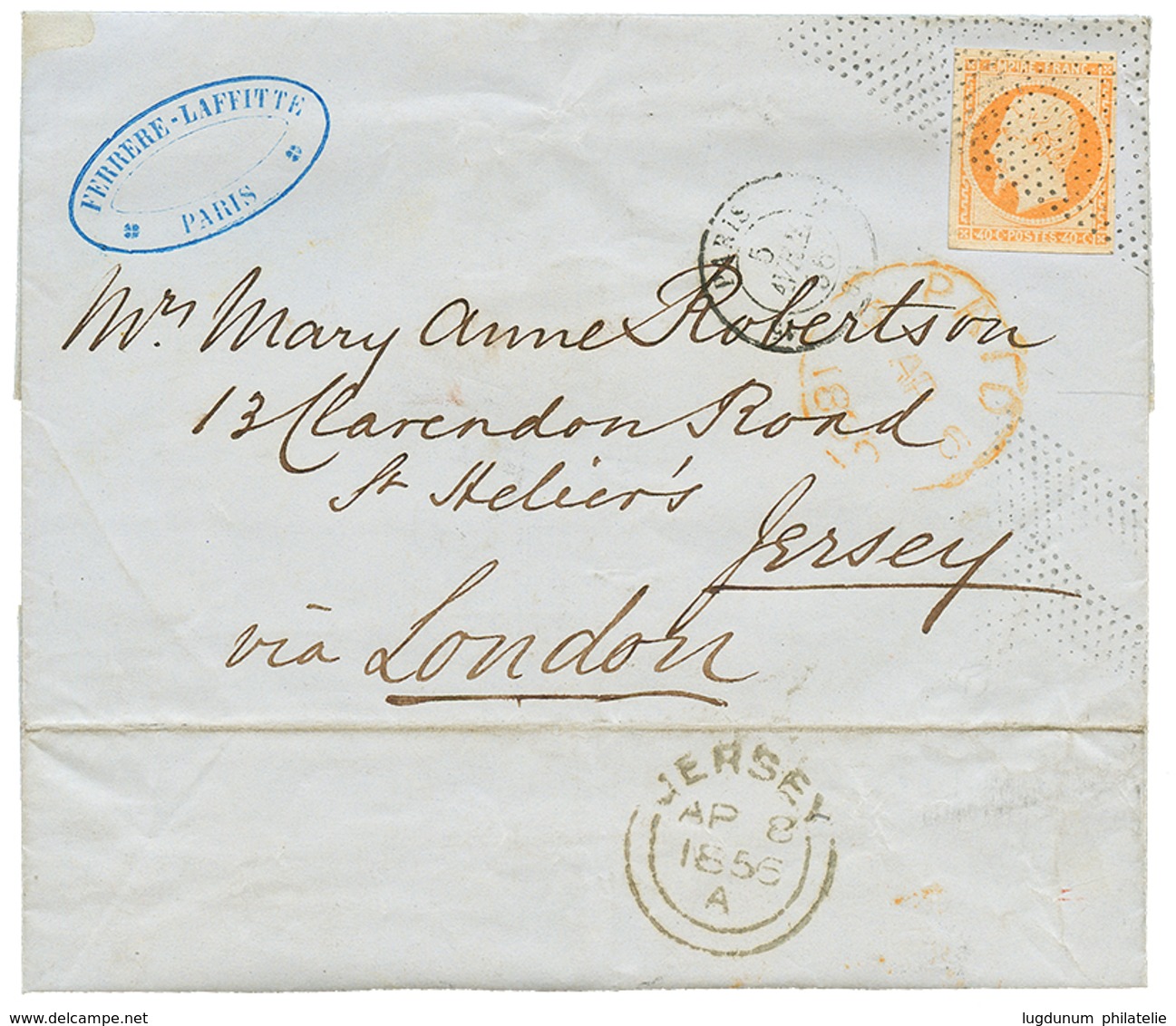 1856 40c(n°16) TTB Margé Obl. ROULEAU De POINTILLES Sur Lettre Pour JERSEY (sup. Cachet Au Verso). TTB. - 1853-1860 Napoleone III